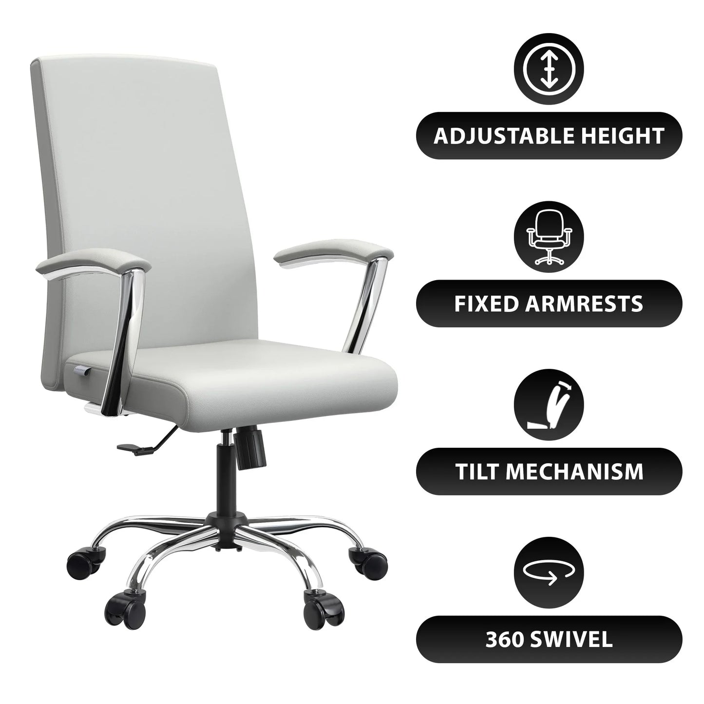 Evander Modern Swivel Office Chair in Faux Leather with Adjustable Height and Silver Frame - Elax Furniture