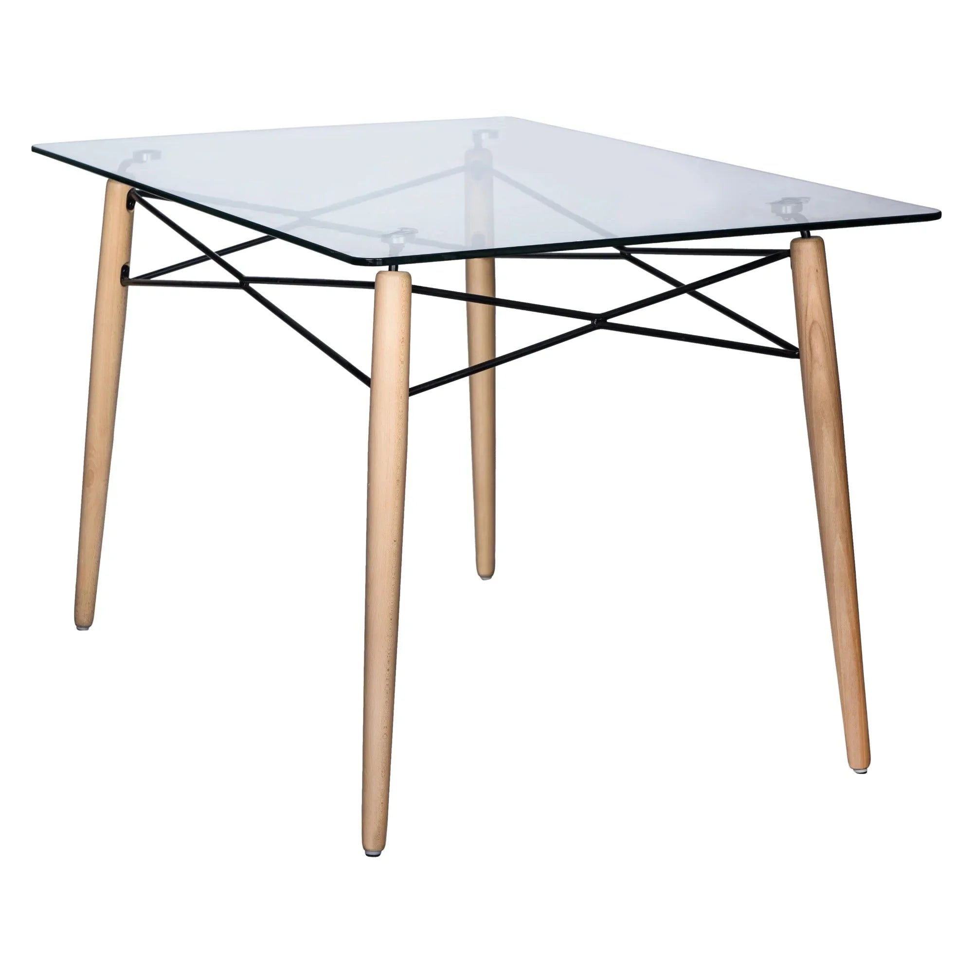 Dover Rectangle Dining Table With Glass Tabletop and Beech Wood Eiffel Base - Elax Furniture