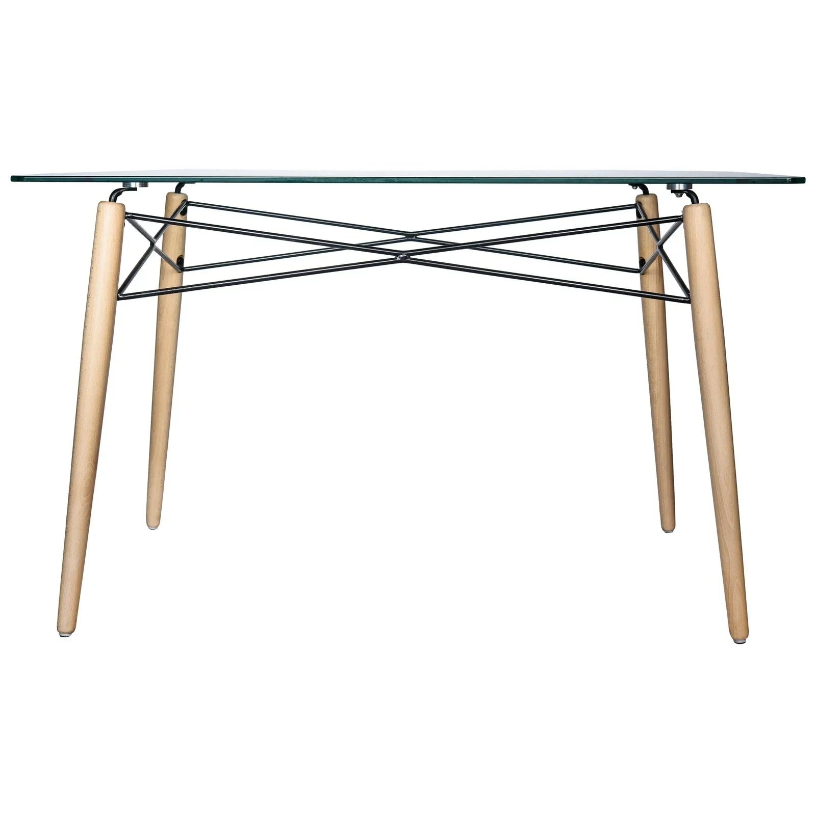 Dover Rectangle Dining Table With Glass Tabletop and Beech Wood Eiffel Base - Elax Furniture