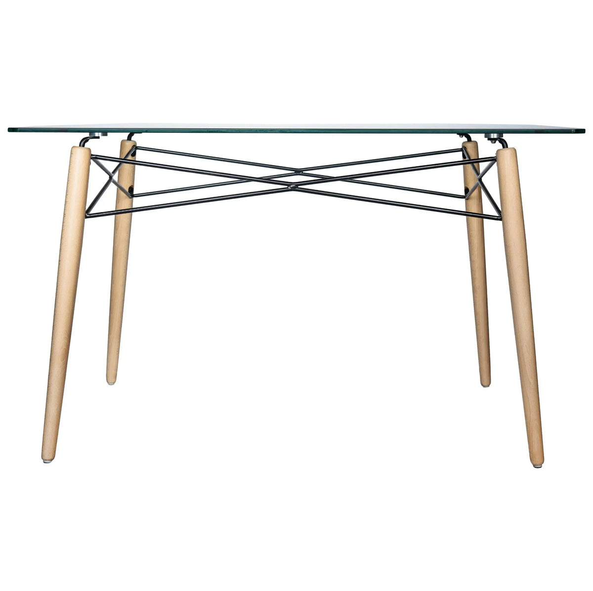 Dover Rectangle Dining Table With Glass Tabletop and Beech Wood Eiffel Base - Elax Furniture