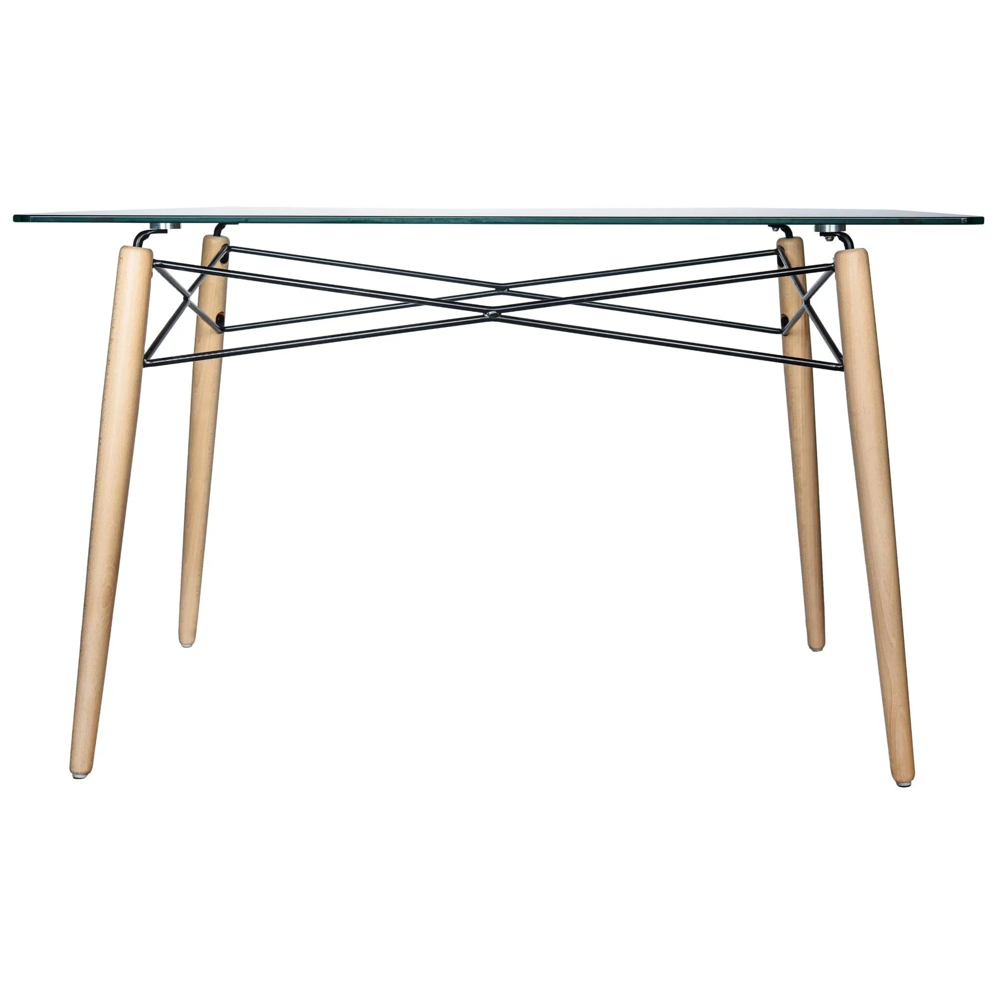 Dover Rectangle Dining Table With Glass Tabletop and Beech Wood Eiffel Base - Elax Furniture