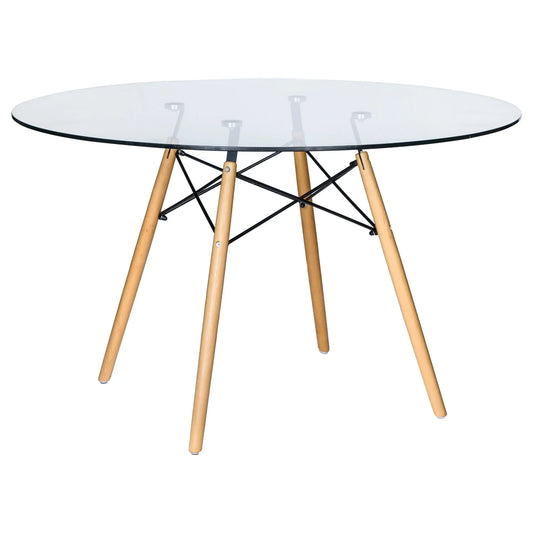 Dover Round Dining Table With Glass Tabletop and Natural Wood Eiffel Base - Elax Furniture