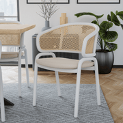 Ervilla Velvet Dining Armchair with Steel Legs and Wicker Back White Brown Beige Dining Chair Leisuremod
