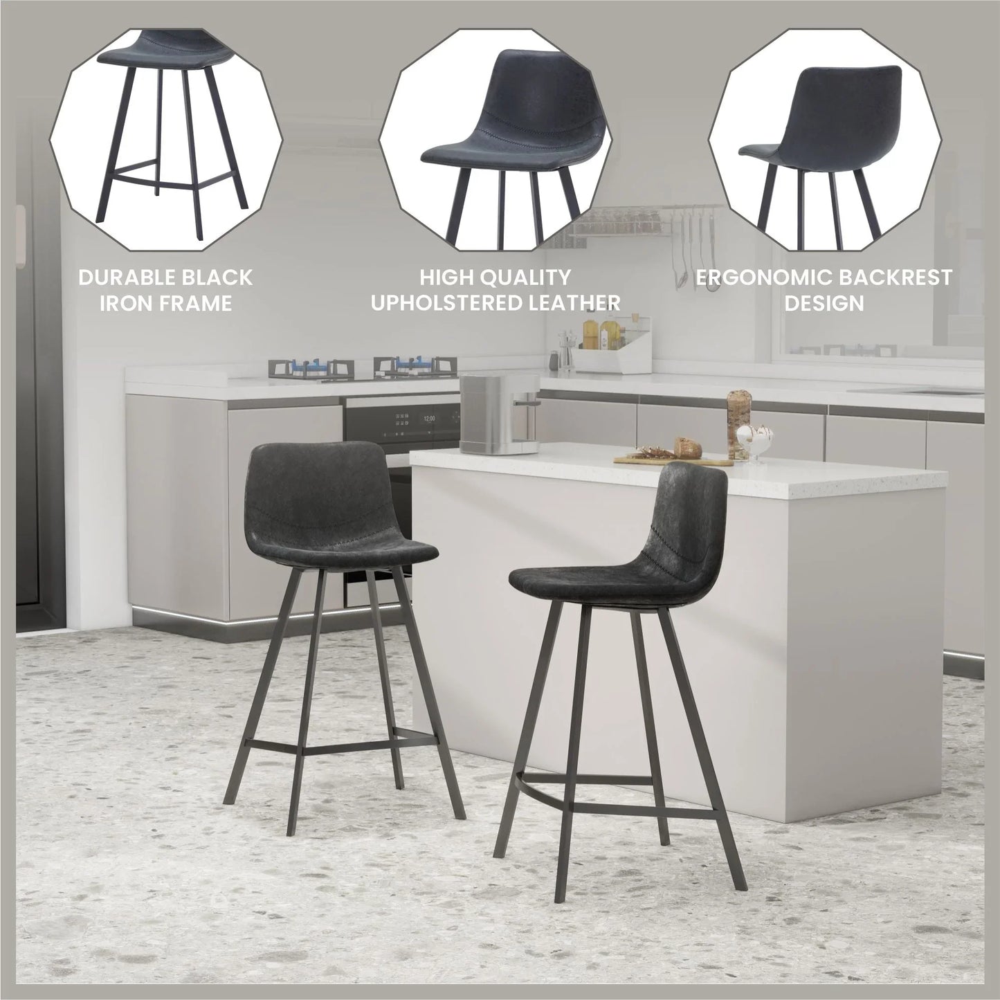 Elland 35” Counter Stool in Leather Padded Seat in Black Stainless Steel - Elax Furniture