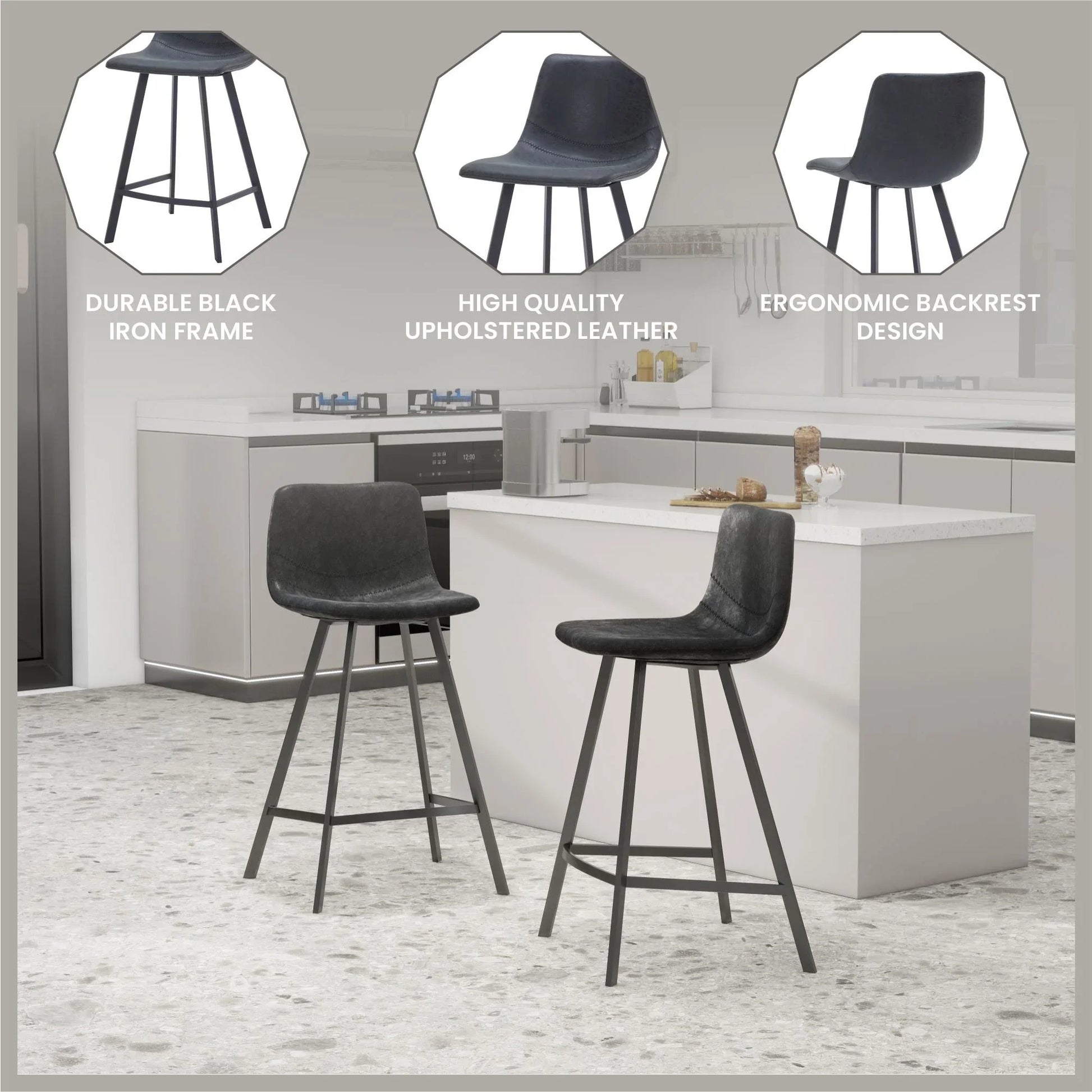 Elland 35” Counter Stool in Leather Padded Seat in Black Stainless Steel - Elax Furniture