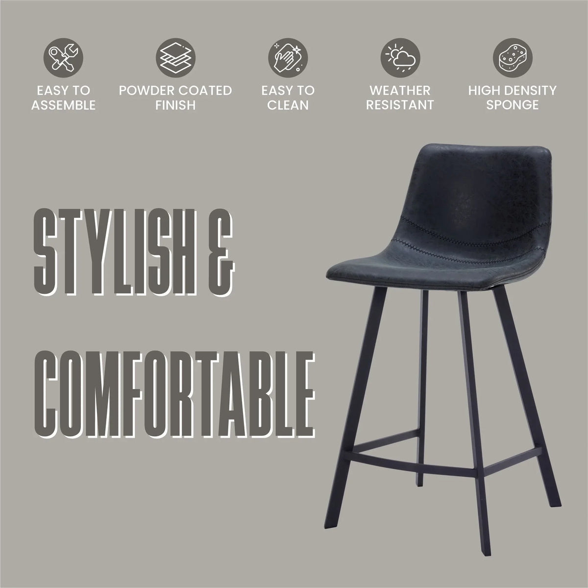 Elland 35” Counter Stool in Leather Padded Seat in Black Stainless Steel - Elax Furniture
