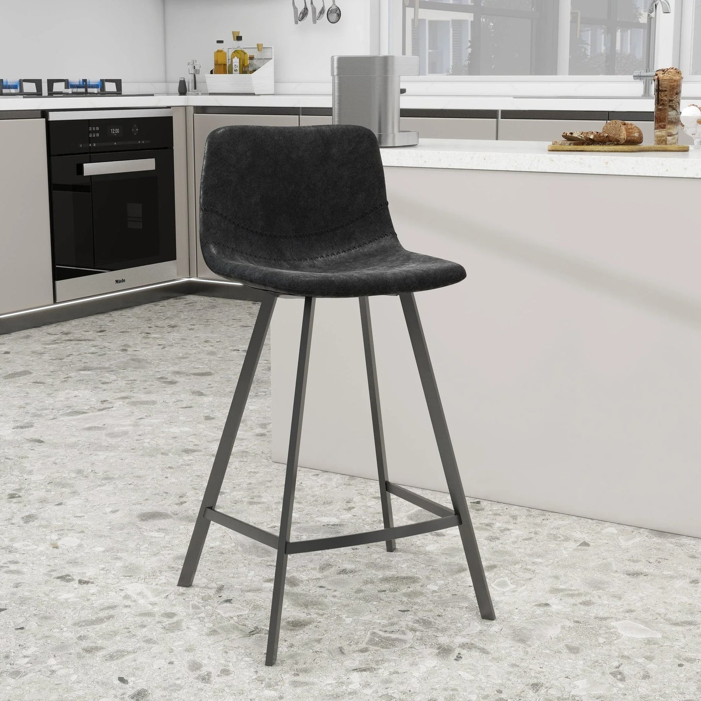Elland 35” Counter Stool in Leather Padded Seat in Black Stainless Steel - Elax Furniture