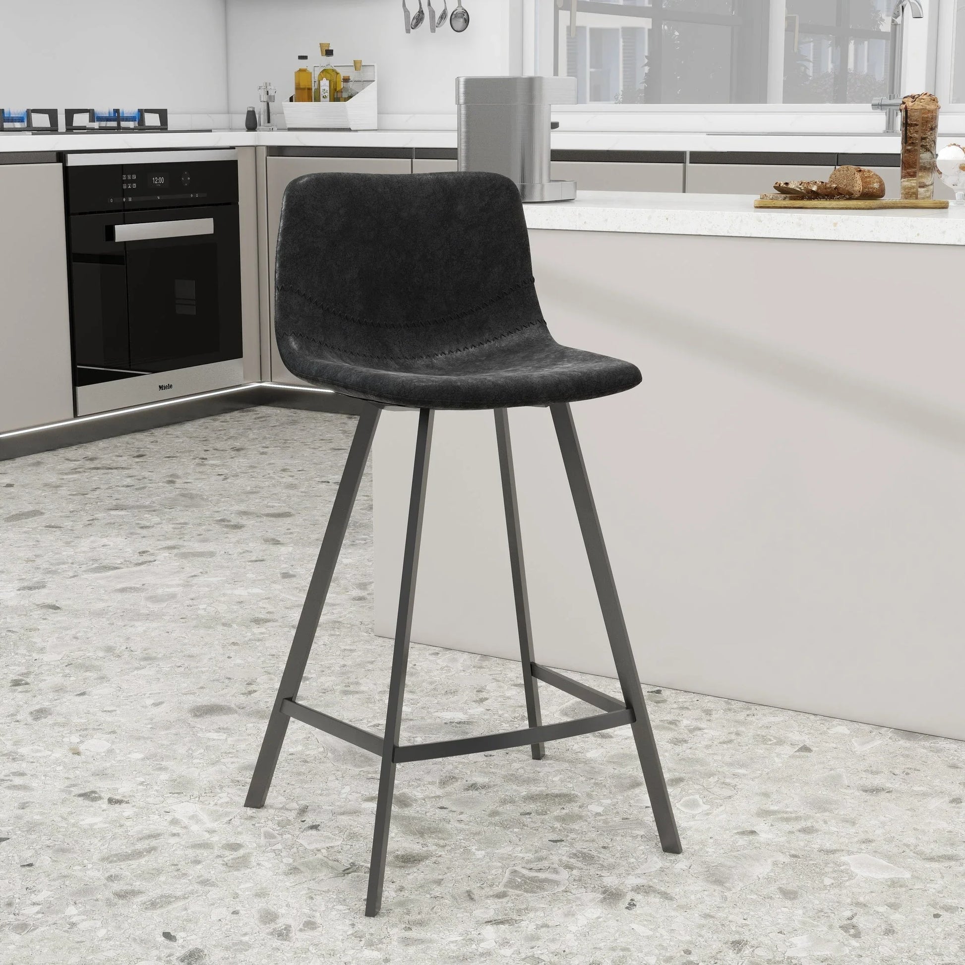 Elland 35” Counter Stool in Leather Padded Seat in Black Stainless Steel - Elax Furniture