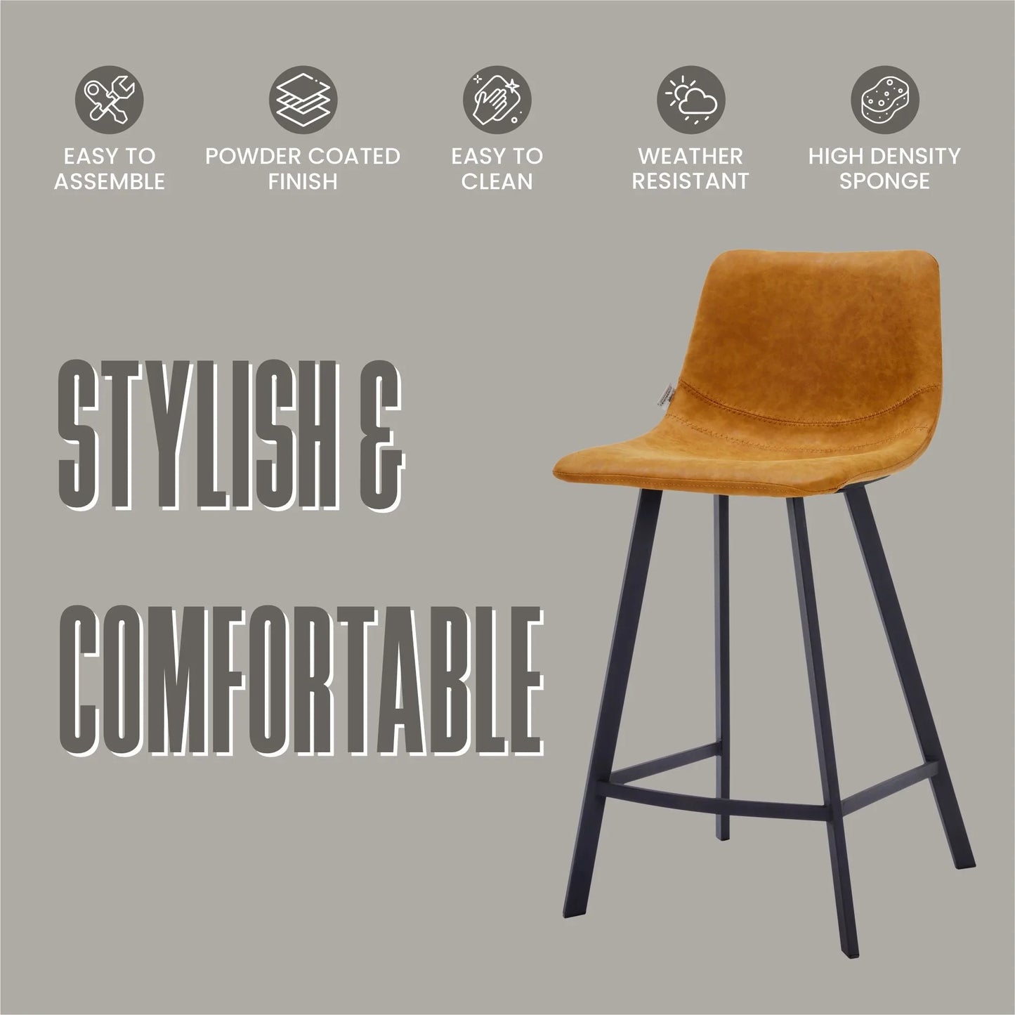 Elland 35” Counter Stool in Leather Padded Seat in Black Stainless Steel - Elax Furniture