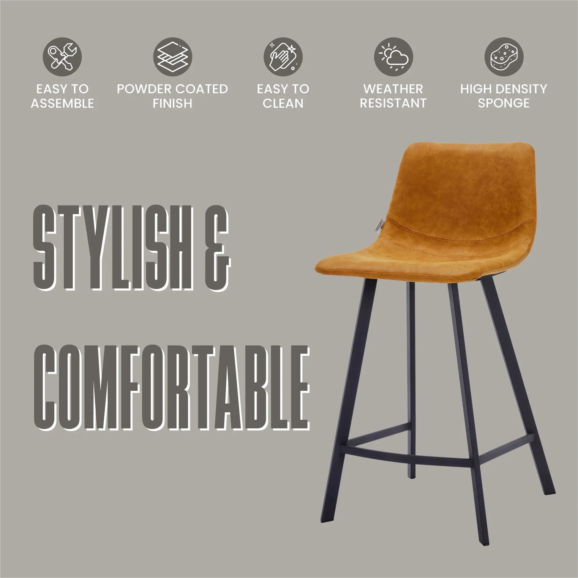 Elland 35” Counter Stool in Leather Padded Seat in Black Stainless Steel - Elax Furniture