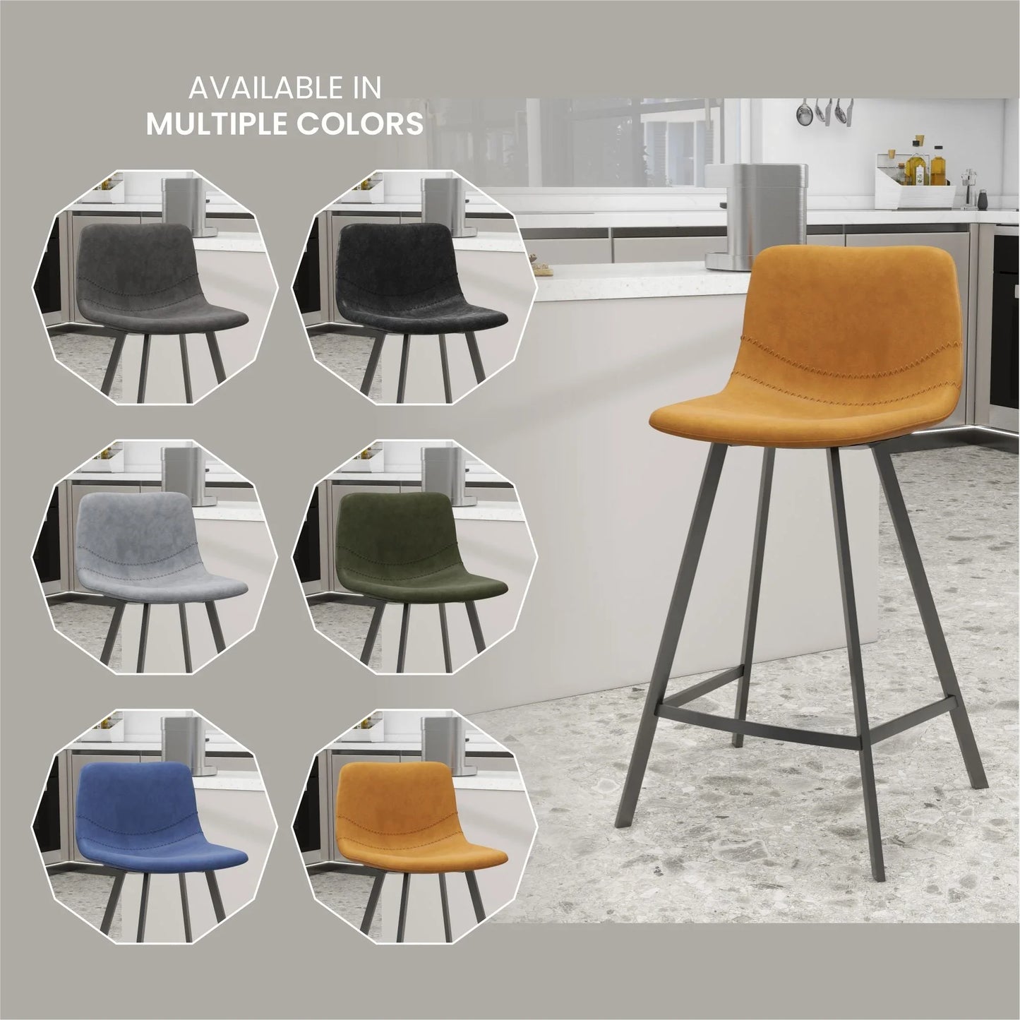 Elland 35” Counter Stool in Leather Padded Seat in Black Stainless Steel - Elax Furniture