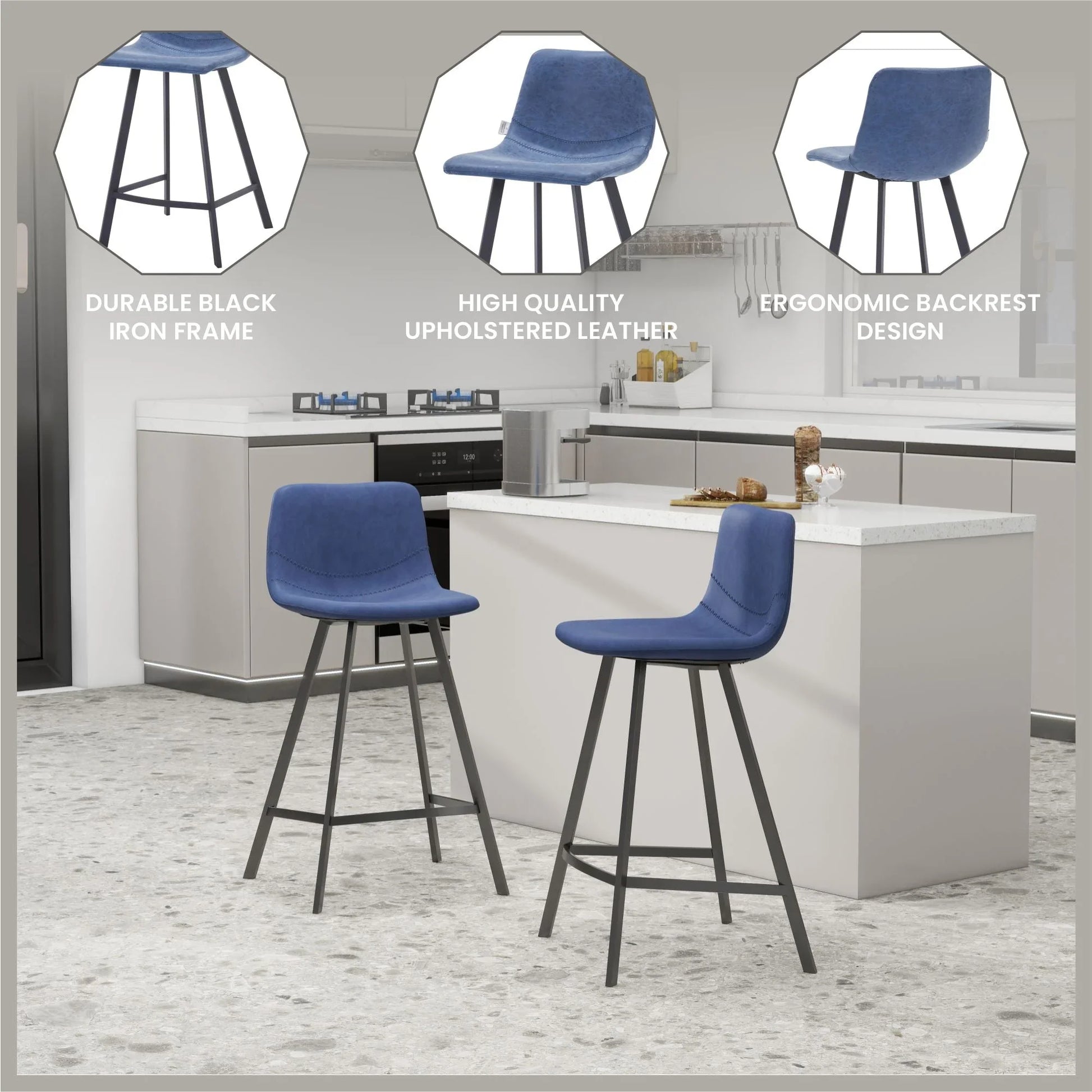 Elland 35” Counter Stool in Leather Padded Seat in Black Stainless Steel - Elax Furniture