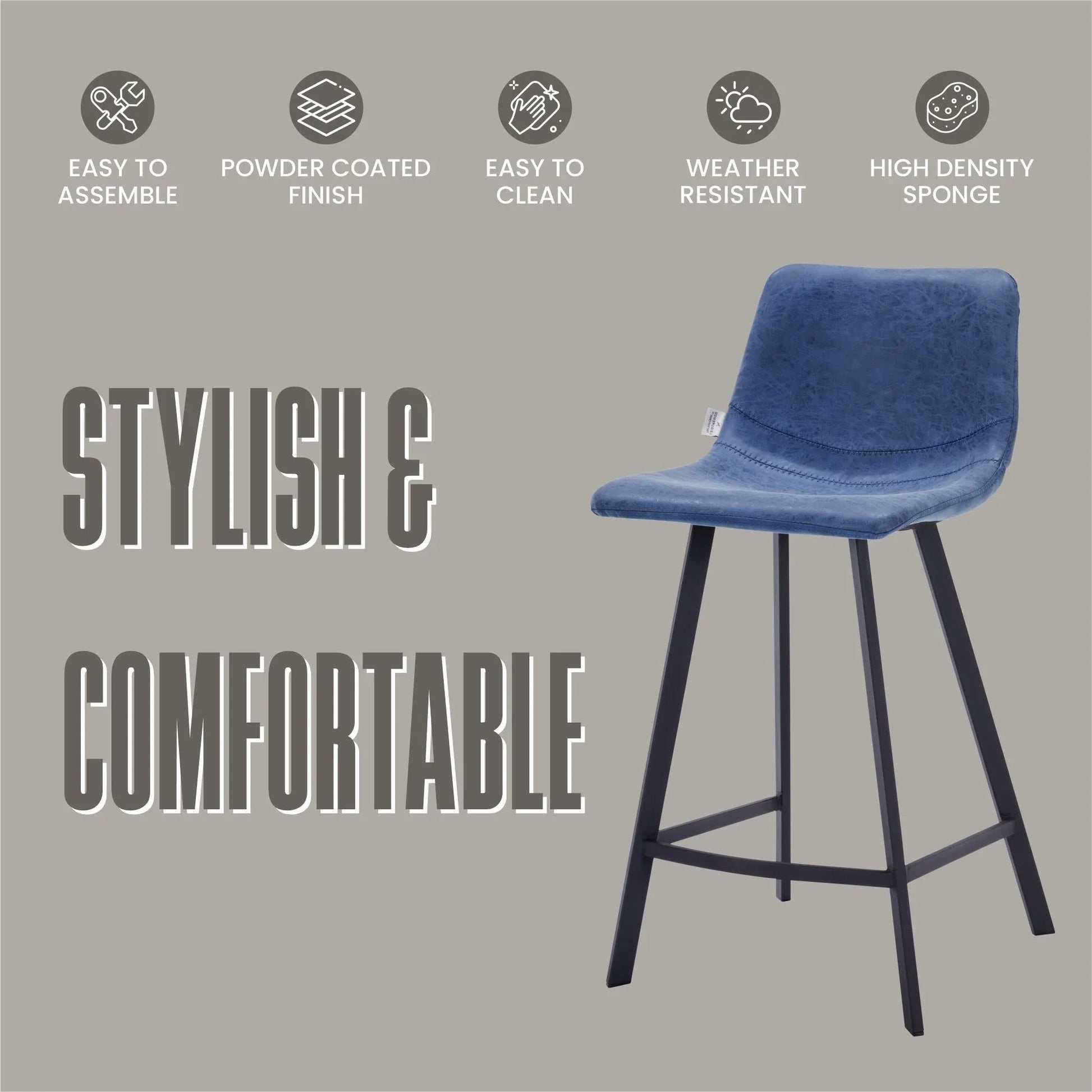 Elland 35” Counter Stool in Leather Padded Seat in Black Stainless Steel - Elax Furniture