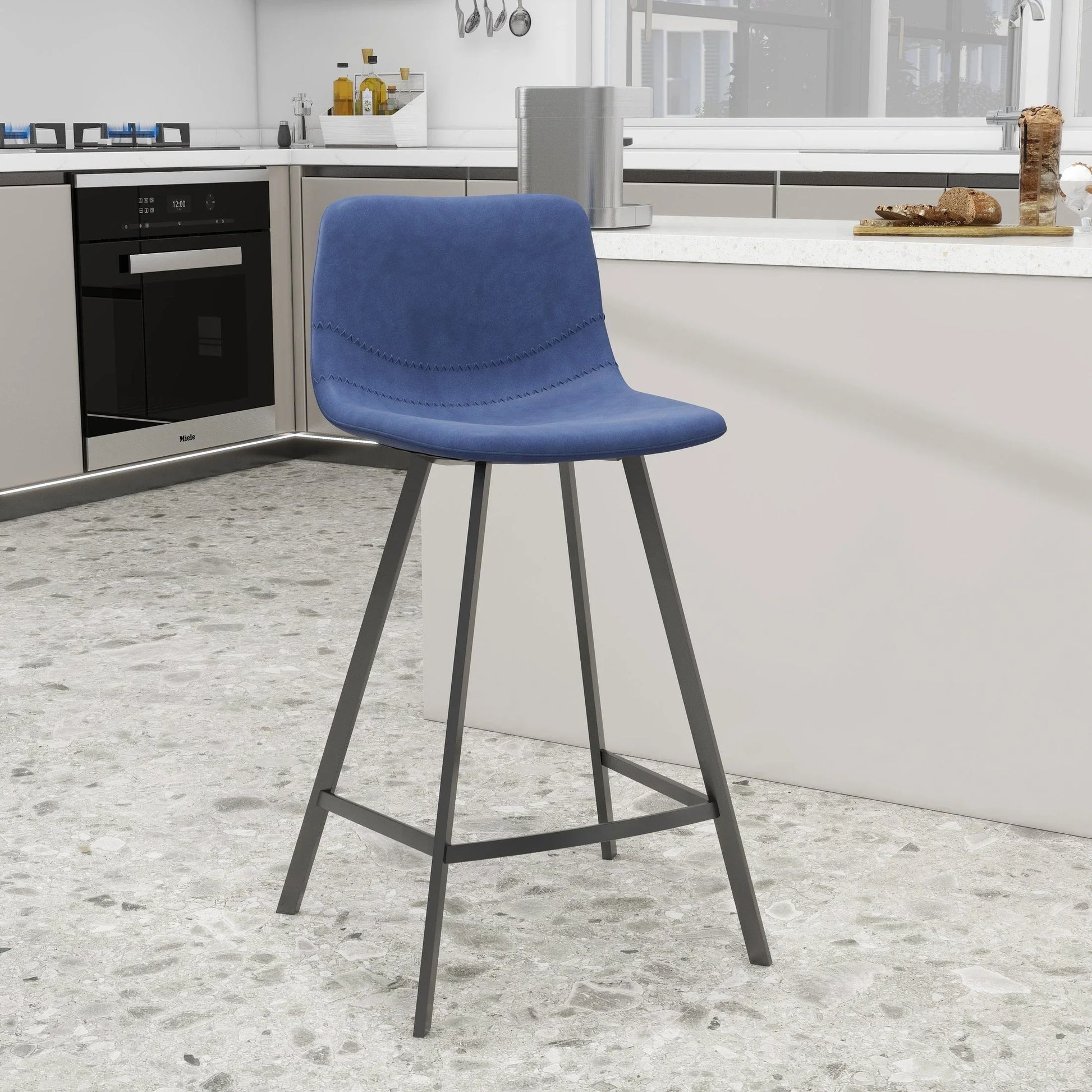 Elland 35” Counter Stool in Leather Padded Seat in Black Stainless Steel - Elax Furniture