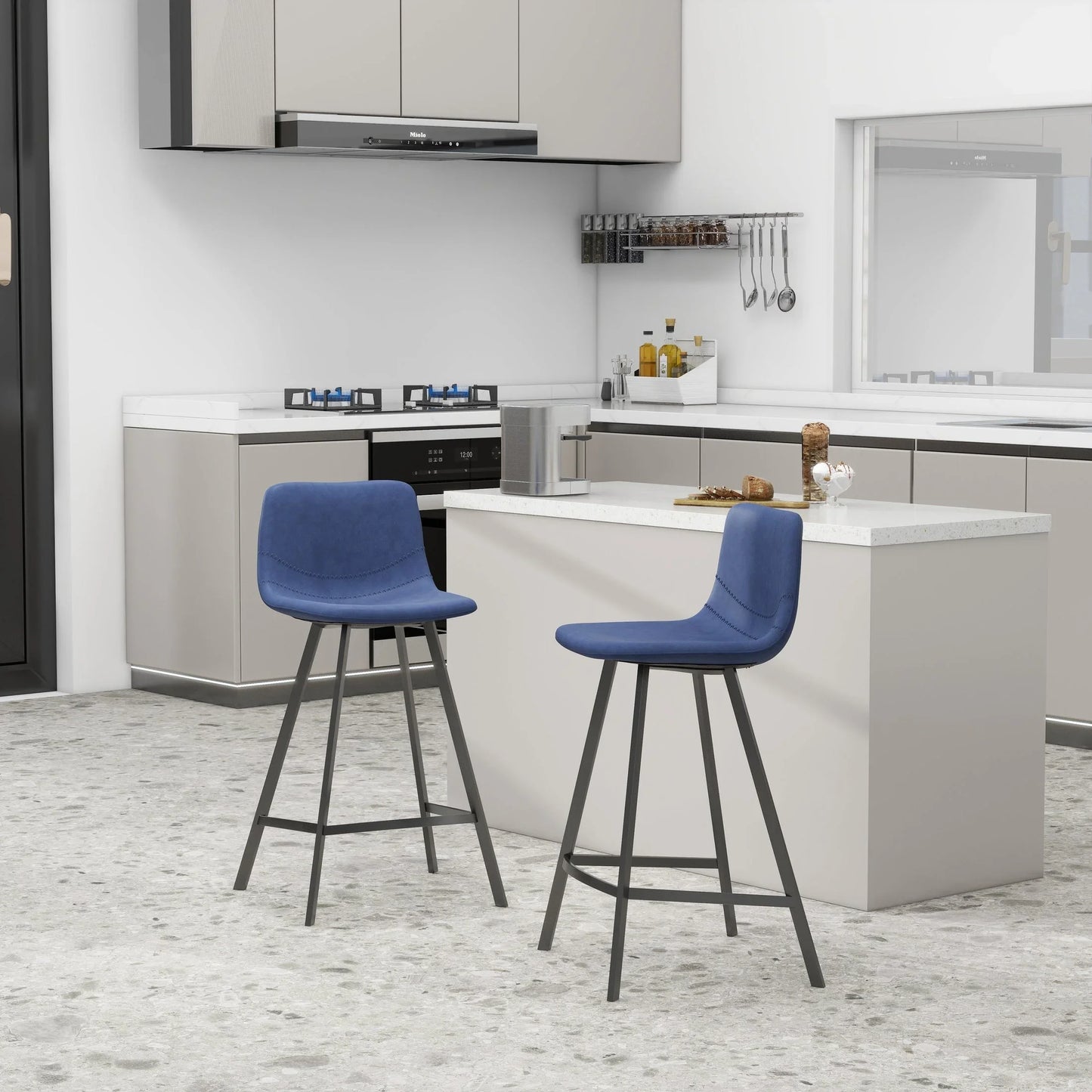 Elland 35” Counter Stool in Leather Padded Seat in Black Stainless Steel - Elax Furniture