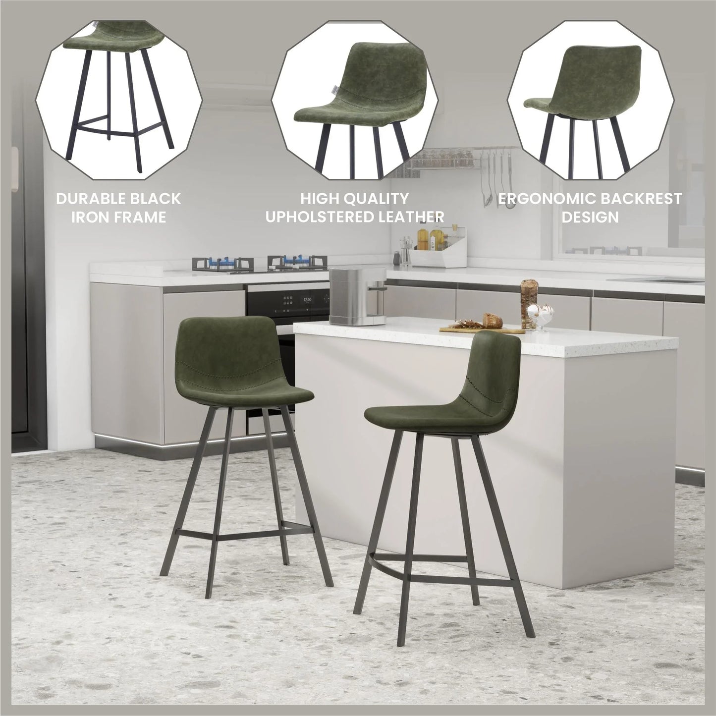 Elland 35” Counter Stool in Leather Padded Seat in Black Stainless Steel - Elax Furniture