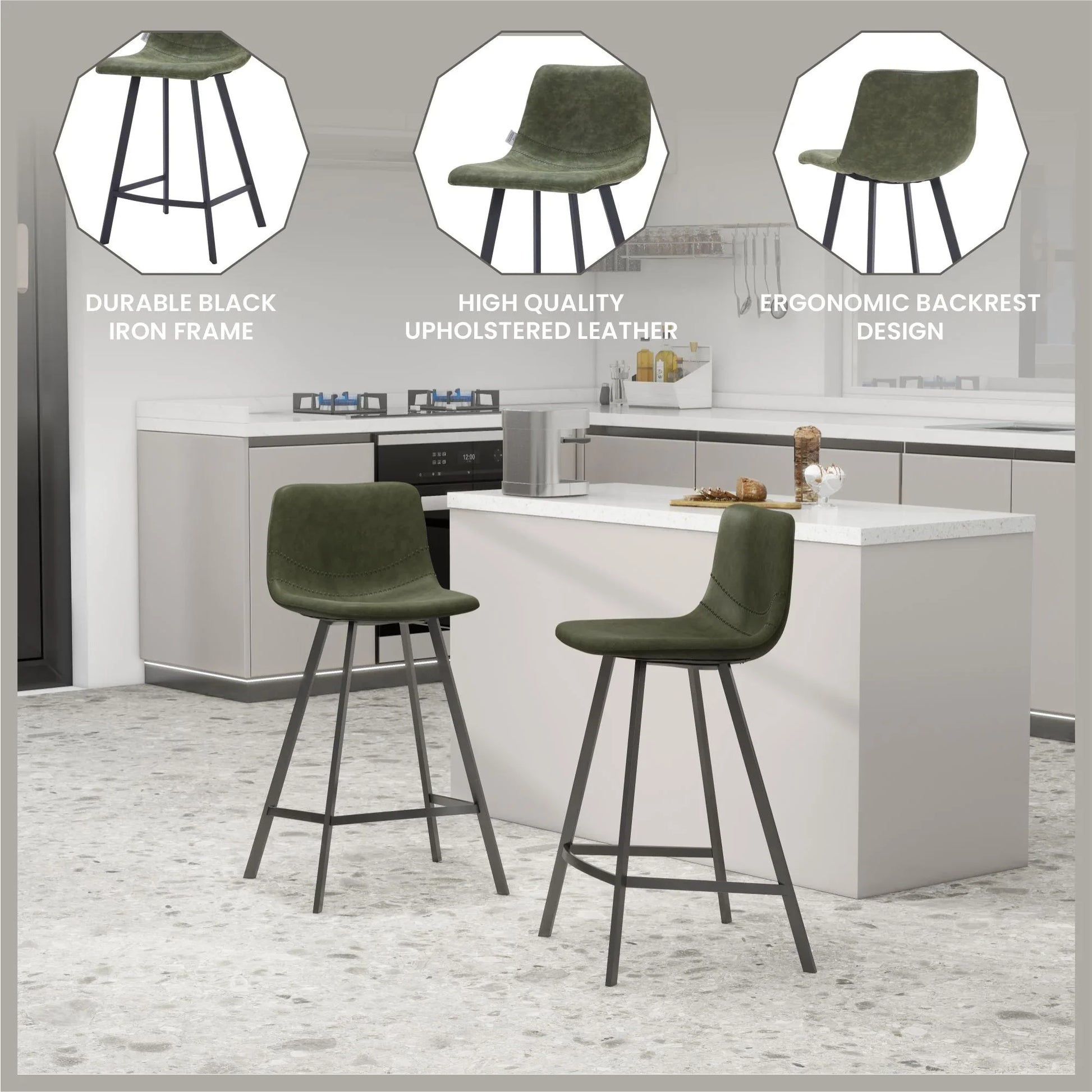 Elland 35” Counter Stool in Leather Padded Seat in Black Stainless Steel - Elax Furniture