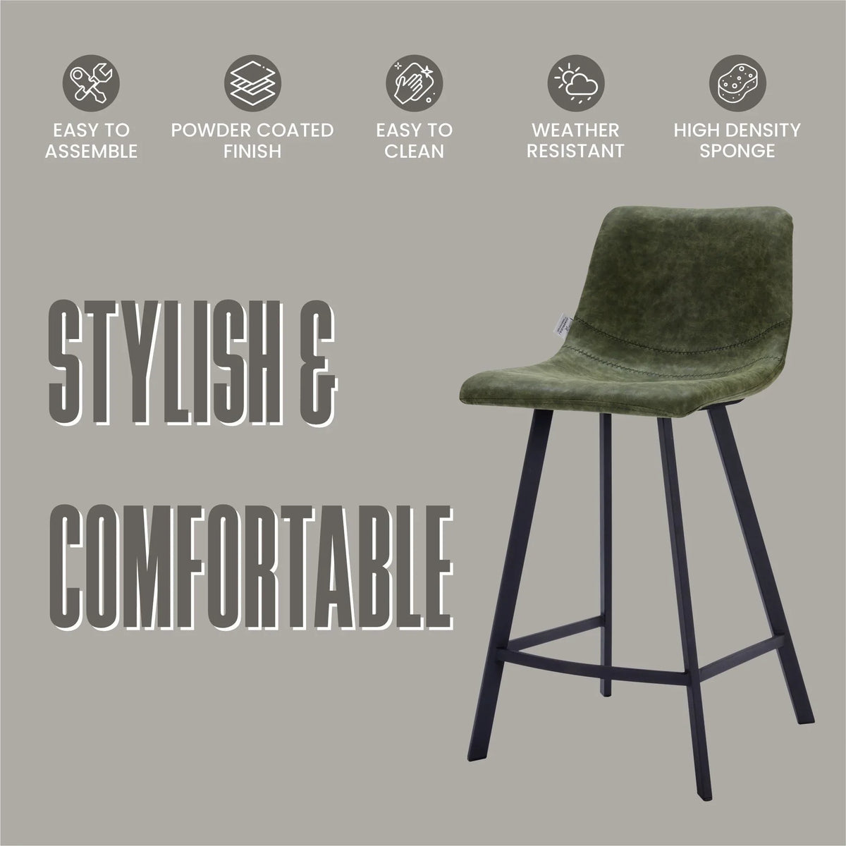 Elland 35” Counter Stool in Leather Padded Seat in Black Stainless Steel - Elax Furniture