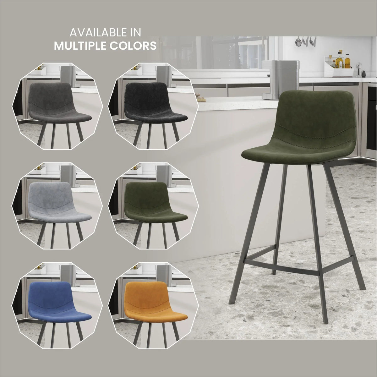 Elland 35” Counter Stool in Leather Padded Seat in Black Stainless Steel - Elax Furniture