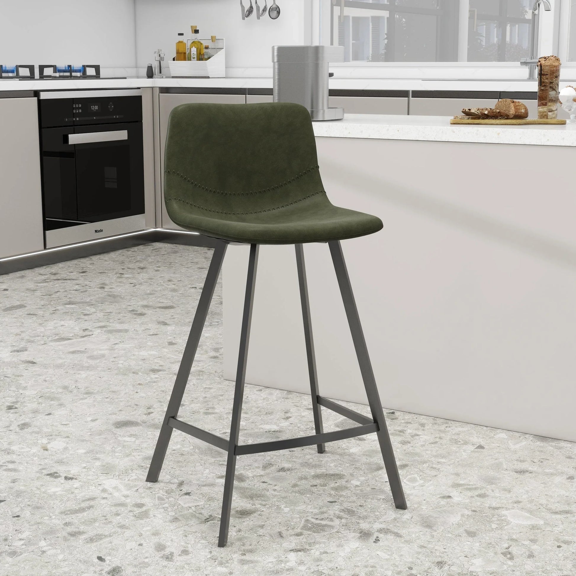 Elland 35” Counter Stool in Leather Padded Seat in Black Stainless Steel - Elax Furniture