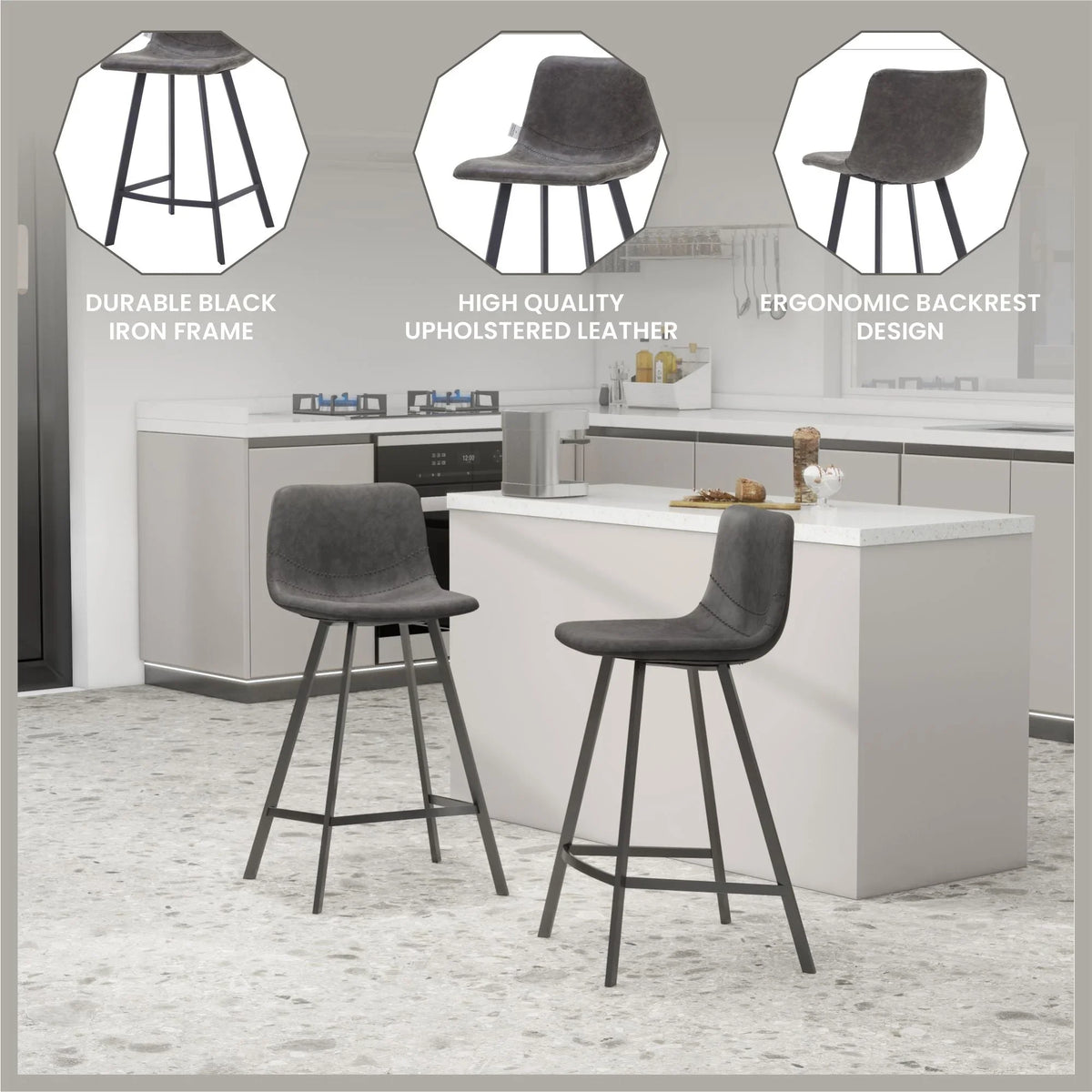 Elland 35” Counter Stool in Leather Padded Seat in Black Stainless Steel - Elax Furniture