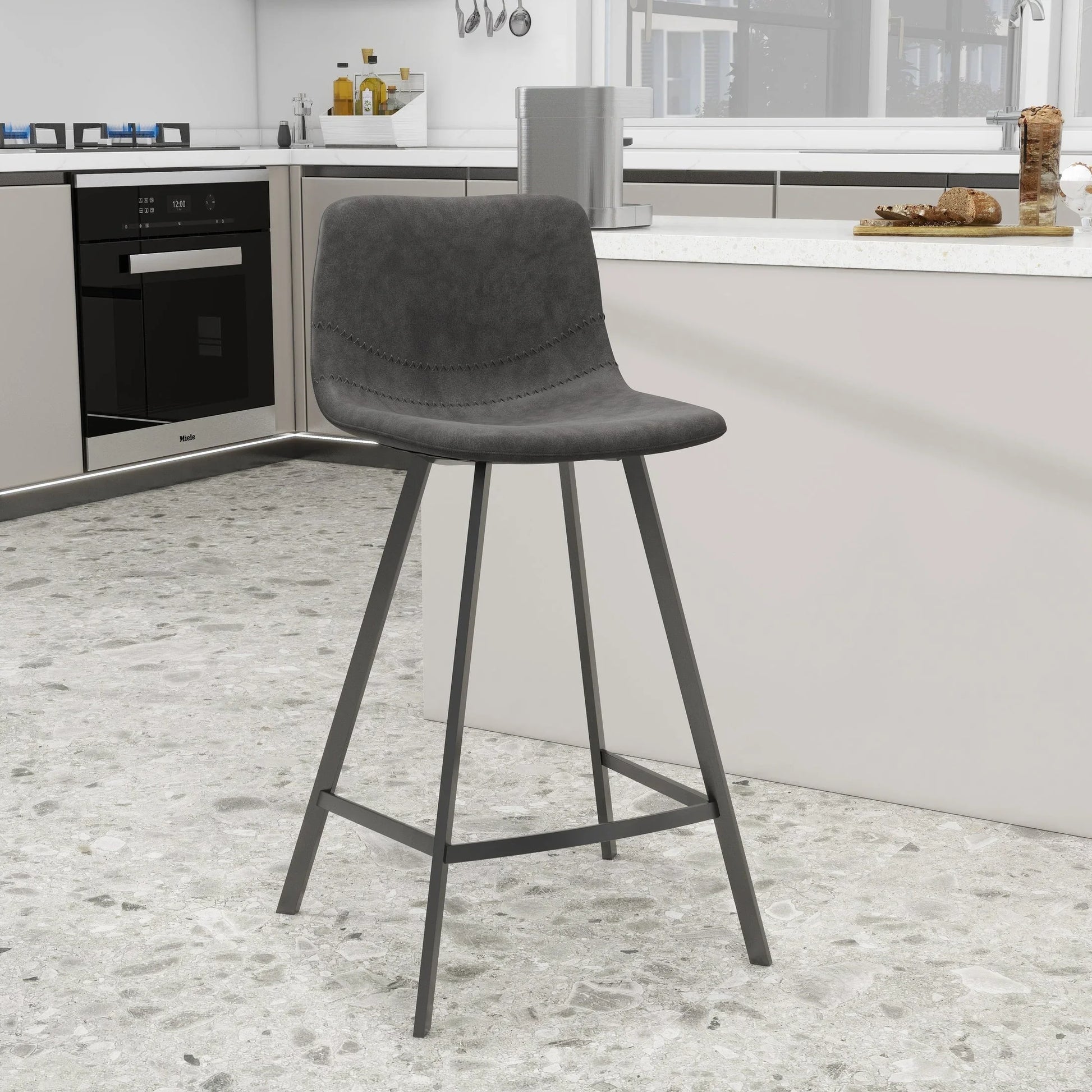 Elland 35” Counter Stool in Leather Padded Seat in Black Stainless Steel - Elax Furniture