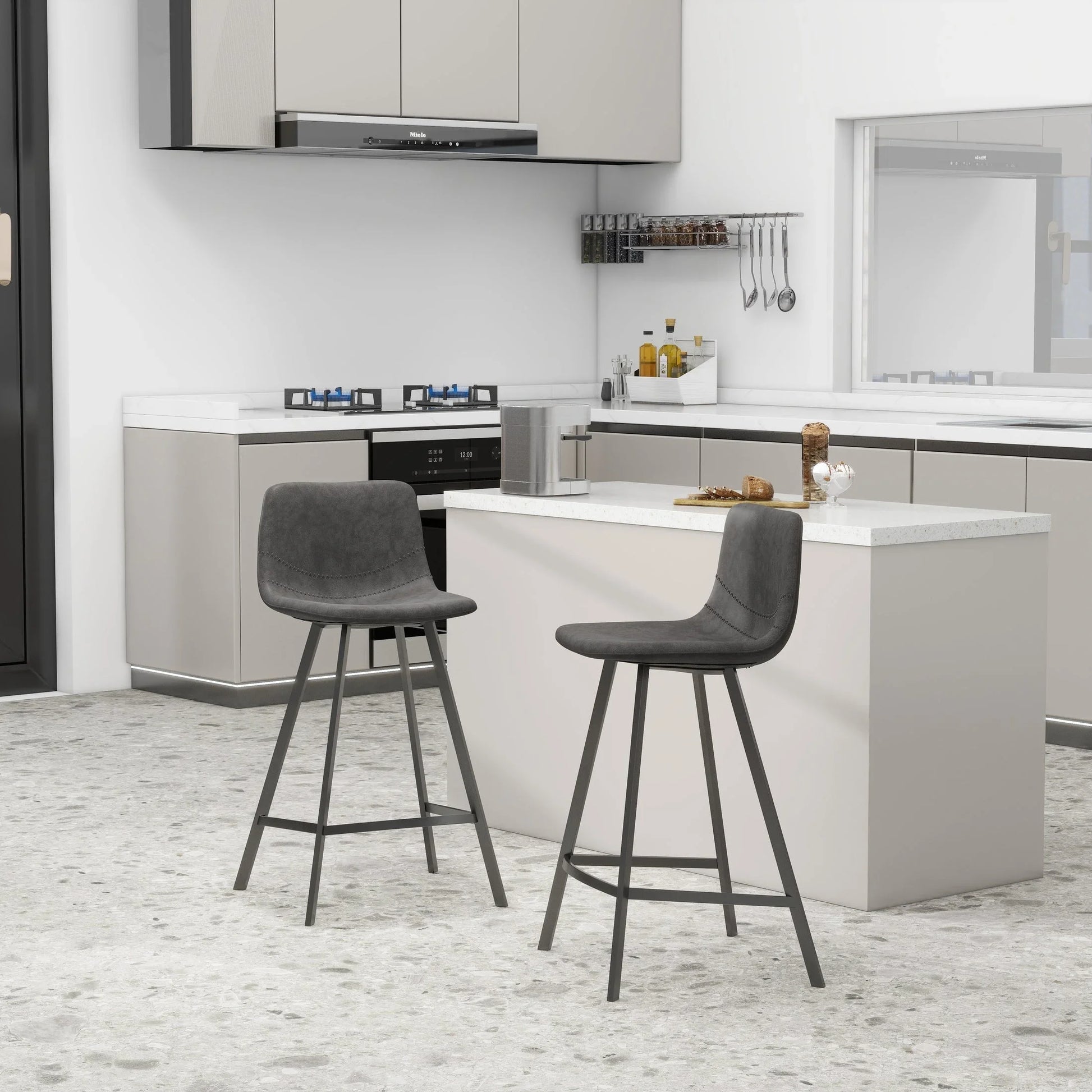 Elland 35” Counter Stool in Leather Padded Seat in Black Stainless Steel - Elax Furniture