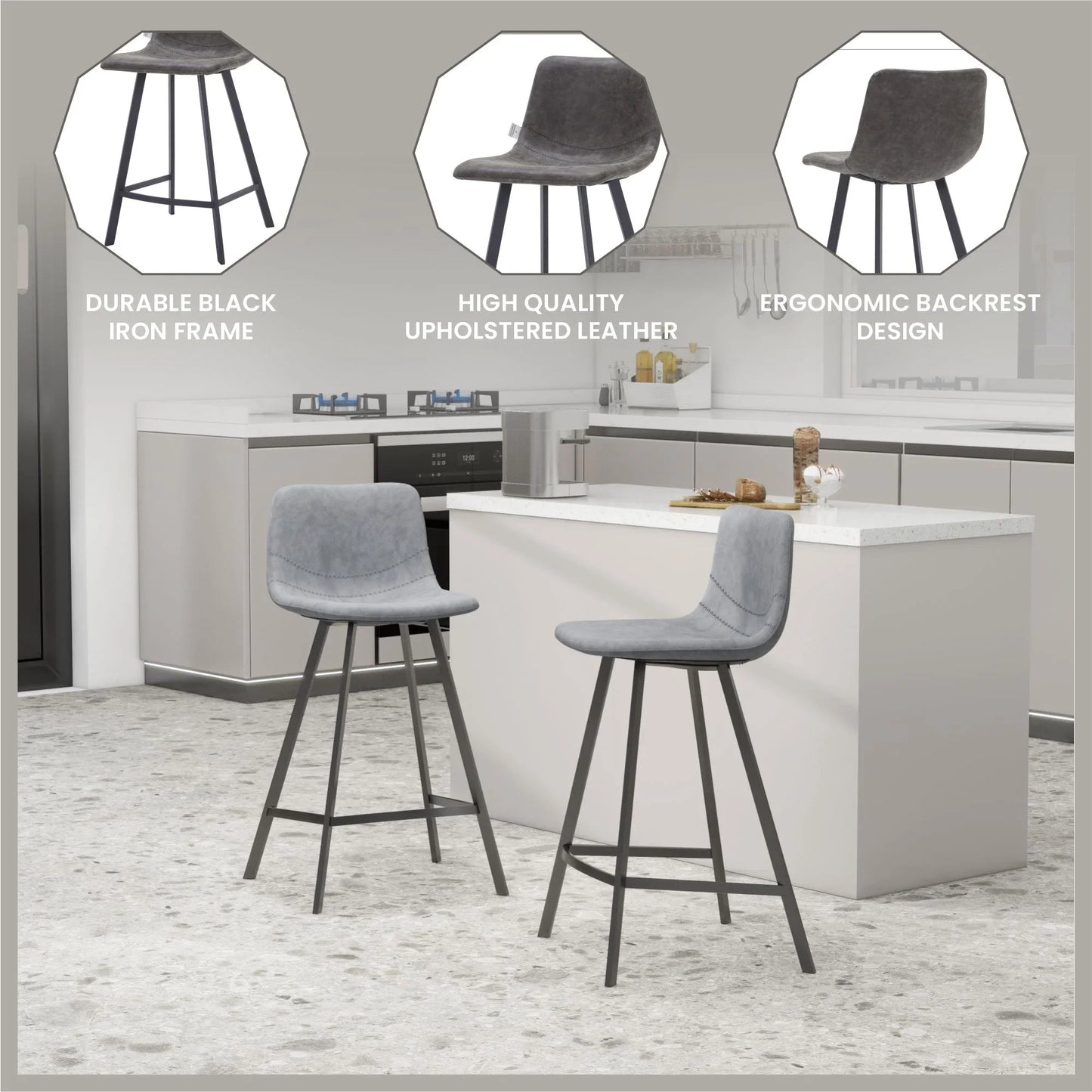 Elland 35” Counter Stool in Leather Padded Seat in Black Stainless Steel - Elax Furniture