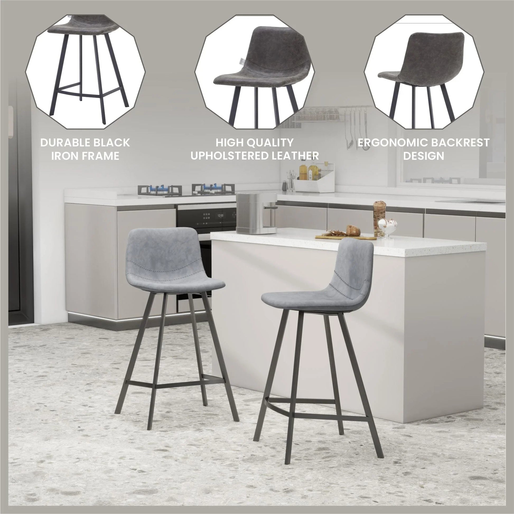 Elland 35” Counter Stool in Leather Padded Seat in Black Stainless Steel - Elax Furniture