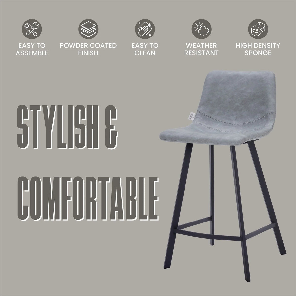 Elland 35” Counter Stool in Leather Padded Seat in Black Stainless Steel - Elax Furniture
