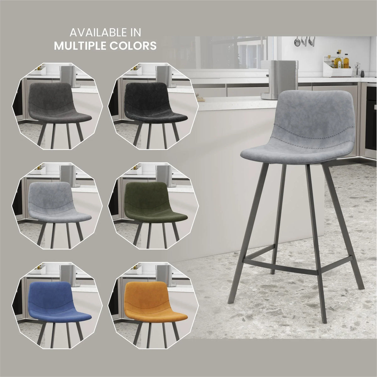 Elland 35” Counter Stool in Leather Padded Seat in Black Stainless Steel - Elax Furniture