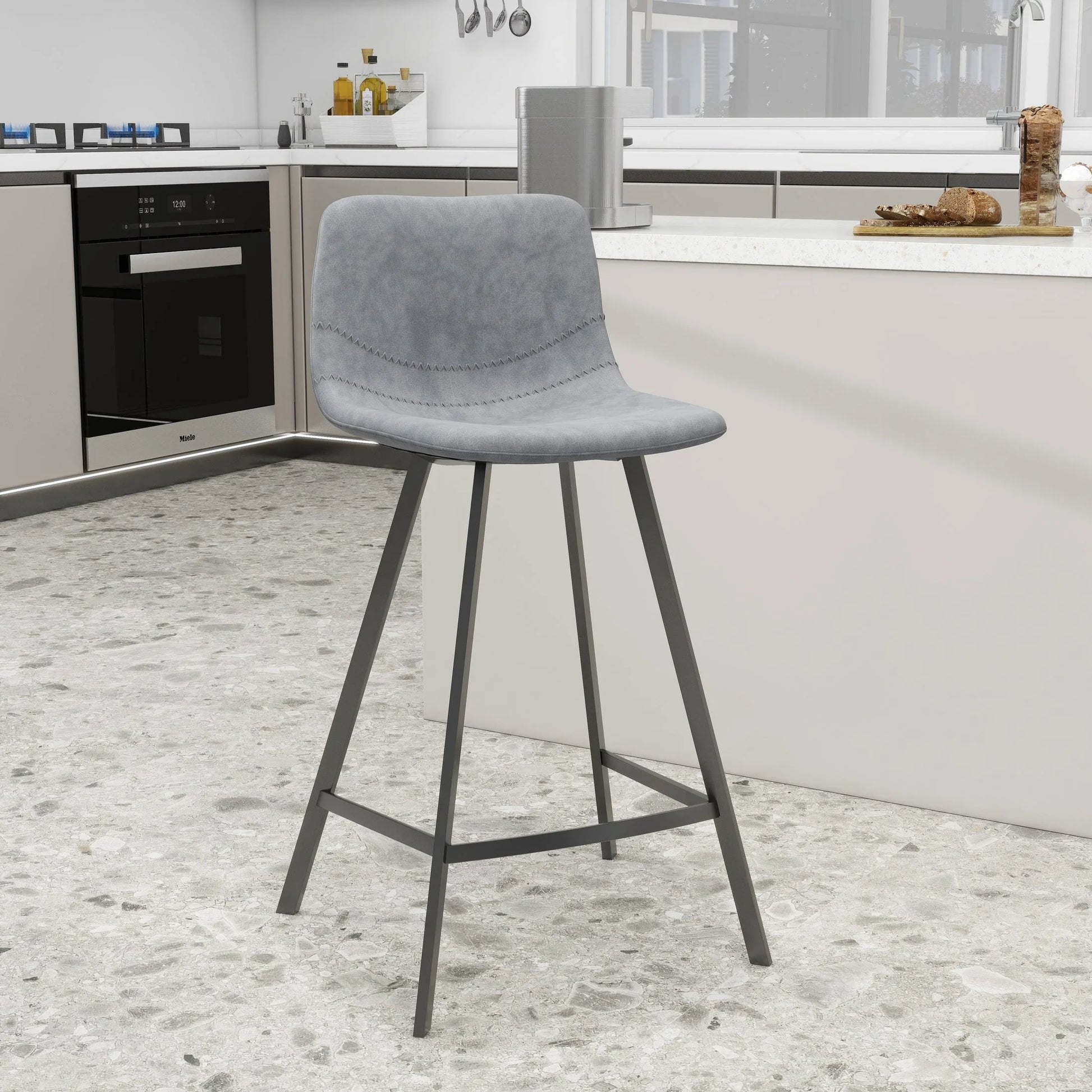 Elland 35” Counter Stool in Leather Padded Seat in Black Stainless Steel - Elax Furniture