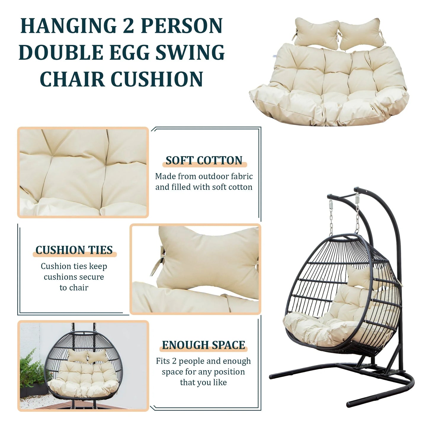 Modern Upholstered 2 Person Hanging Egg Swing Cushion with Headrest - Elax Furniture