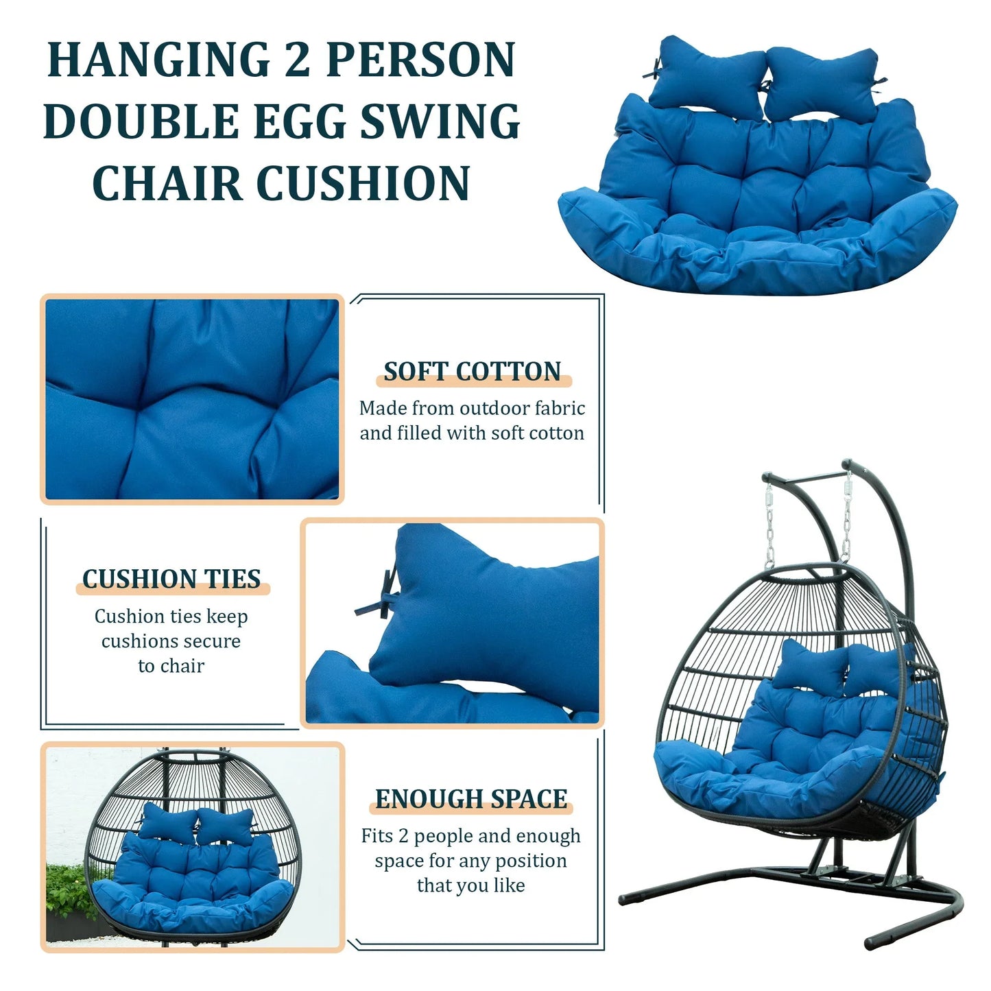 Modern Upholstered 2 Person Hanging Egg Swing Cushion with Headrest - Elax Furniture