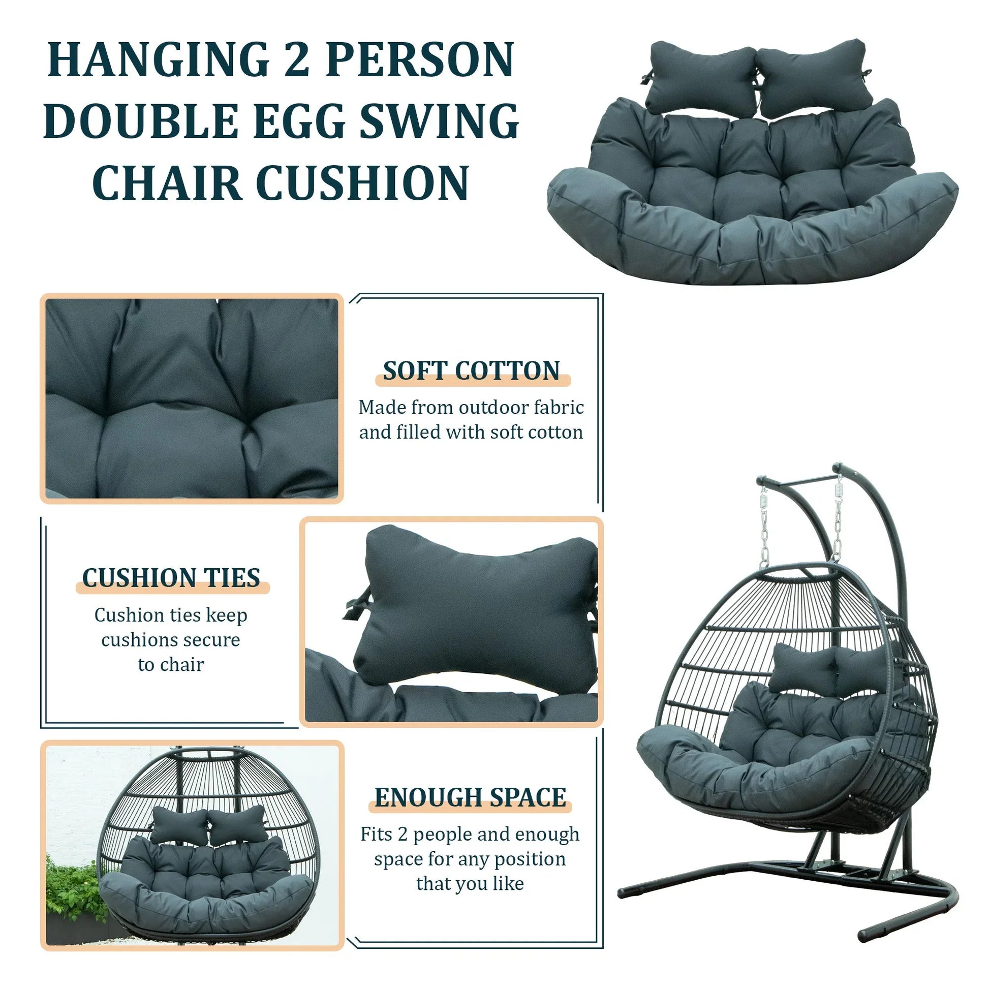 Modern Upholstered 2 Person Hanging Egg Swing Cushion with Headrest - Elax Furniture