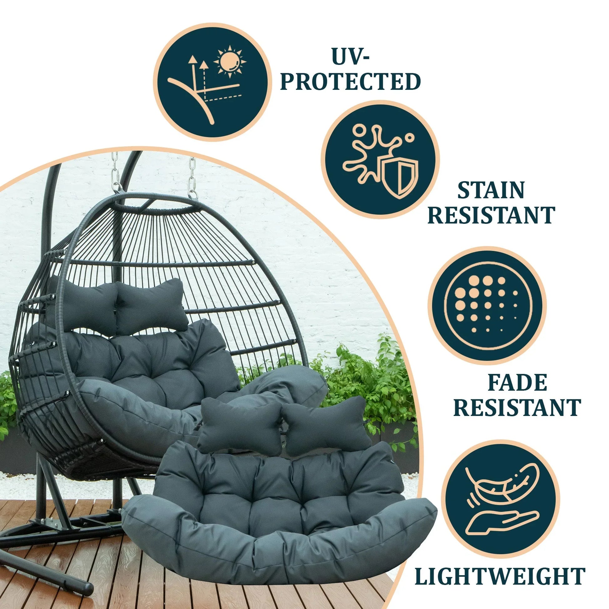 Modern Upholstered 2 Person Hanging Egg Swing Cushion with Headrest - Elax Furniture