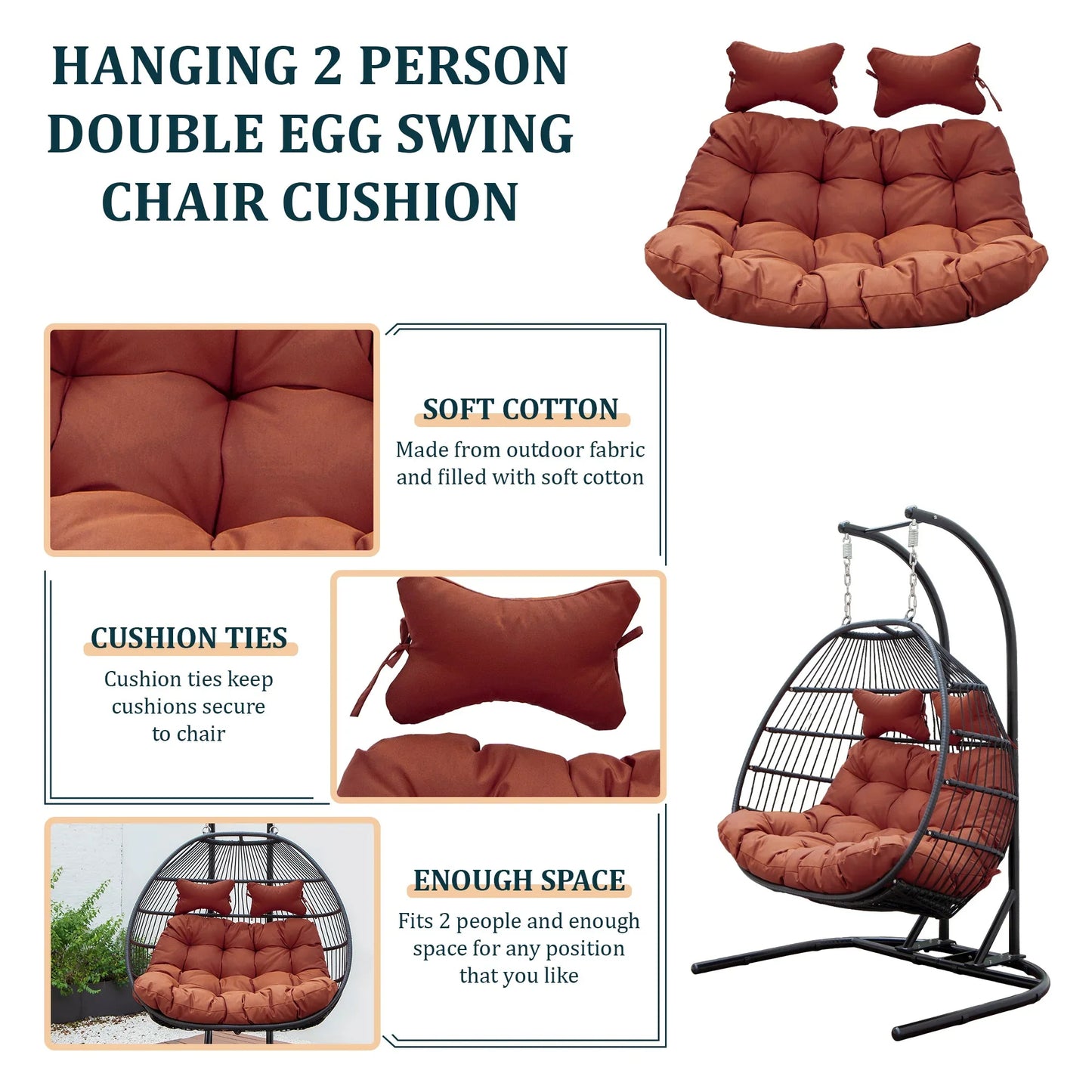 Modern Upholstered 2 Person Hanging Egg Swing Cushion with Headrest - Elax Furniture