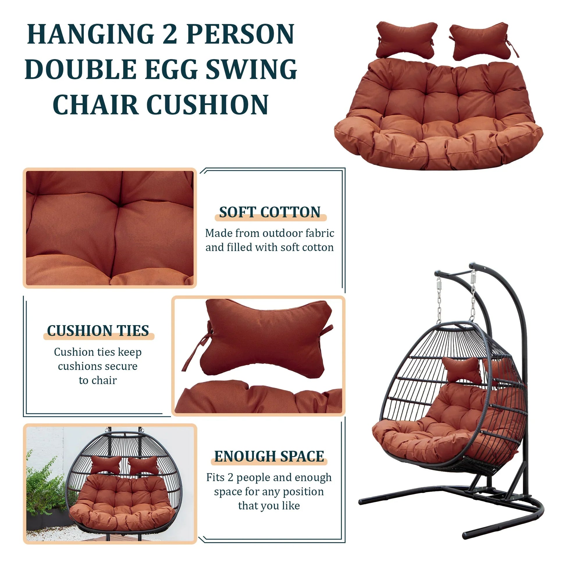 Modern Upholstered 2 Person Hanging Egg Swing Cushion with Headrest - Elax Furniture