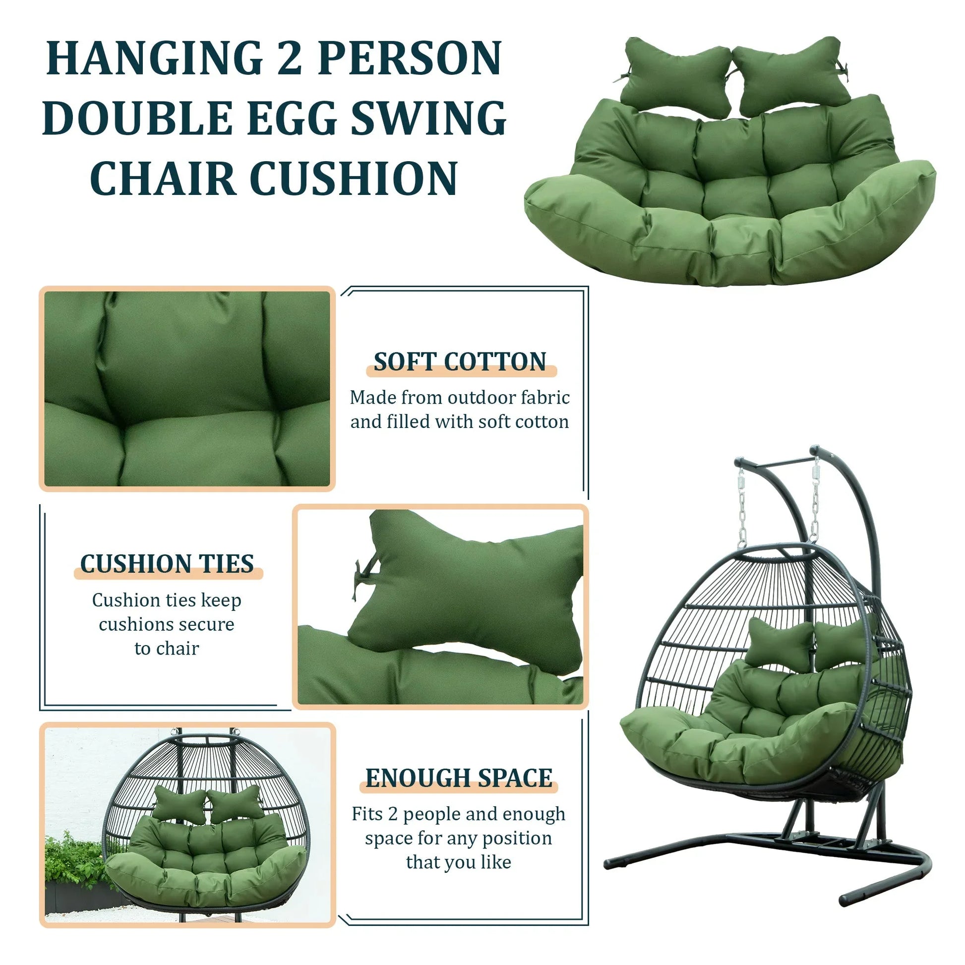 Modern Upholstered 2 Person Hanging Egg Swing Cushion with Headrest - Elax Furniture