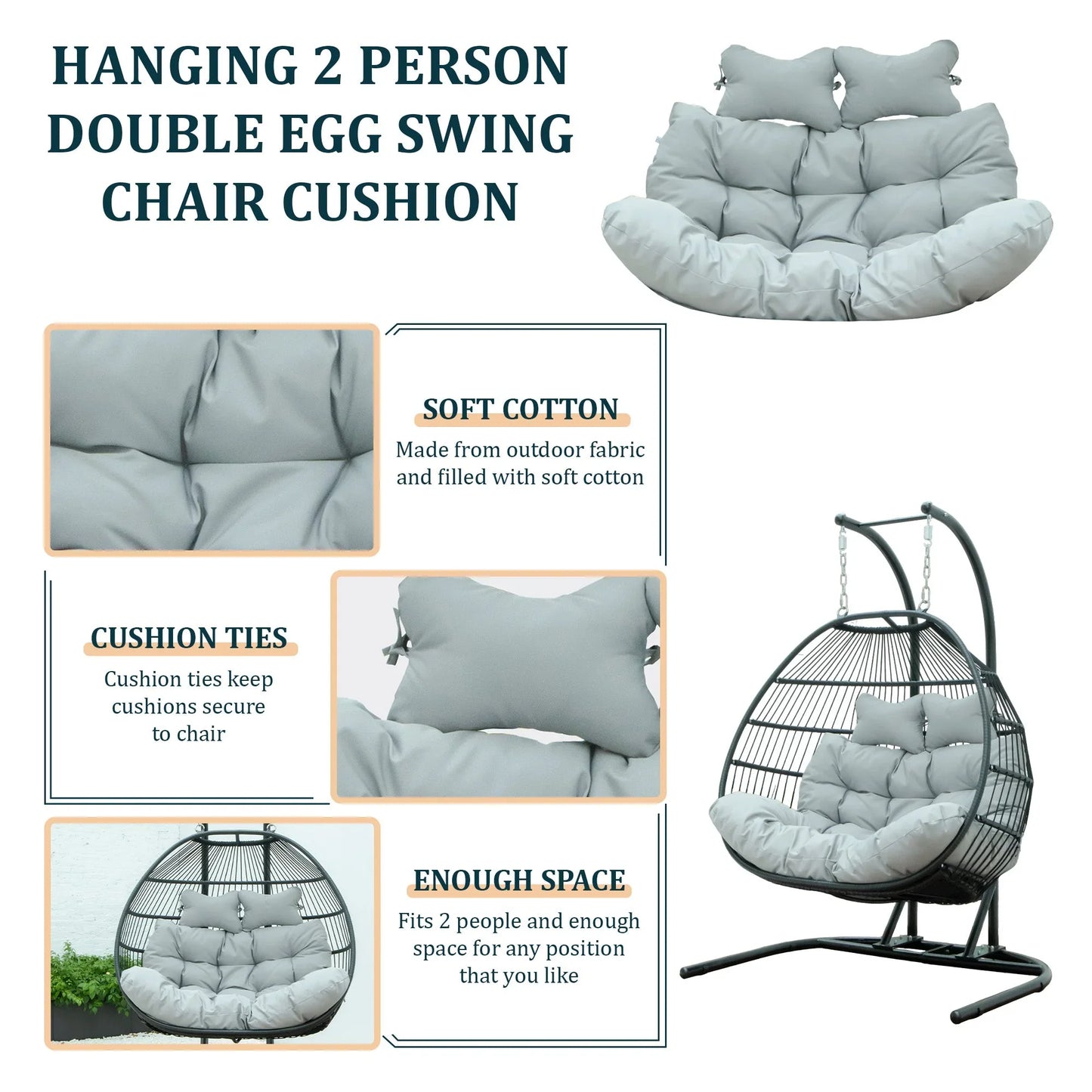 Modern Upholstered 2 Person Hanging Egg Swing Cushion with Headrest - Elax Furniture