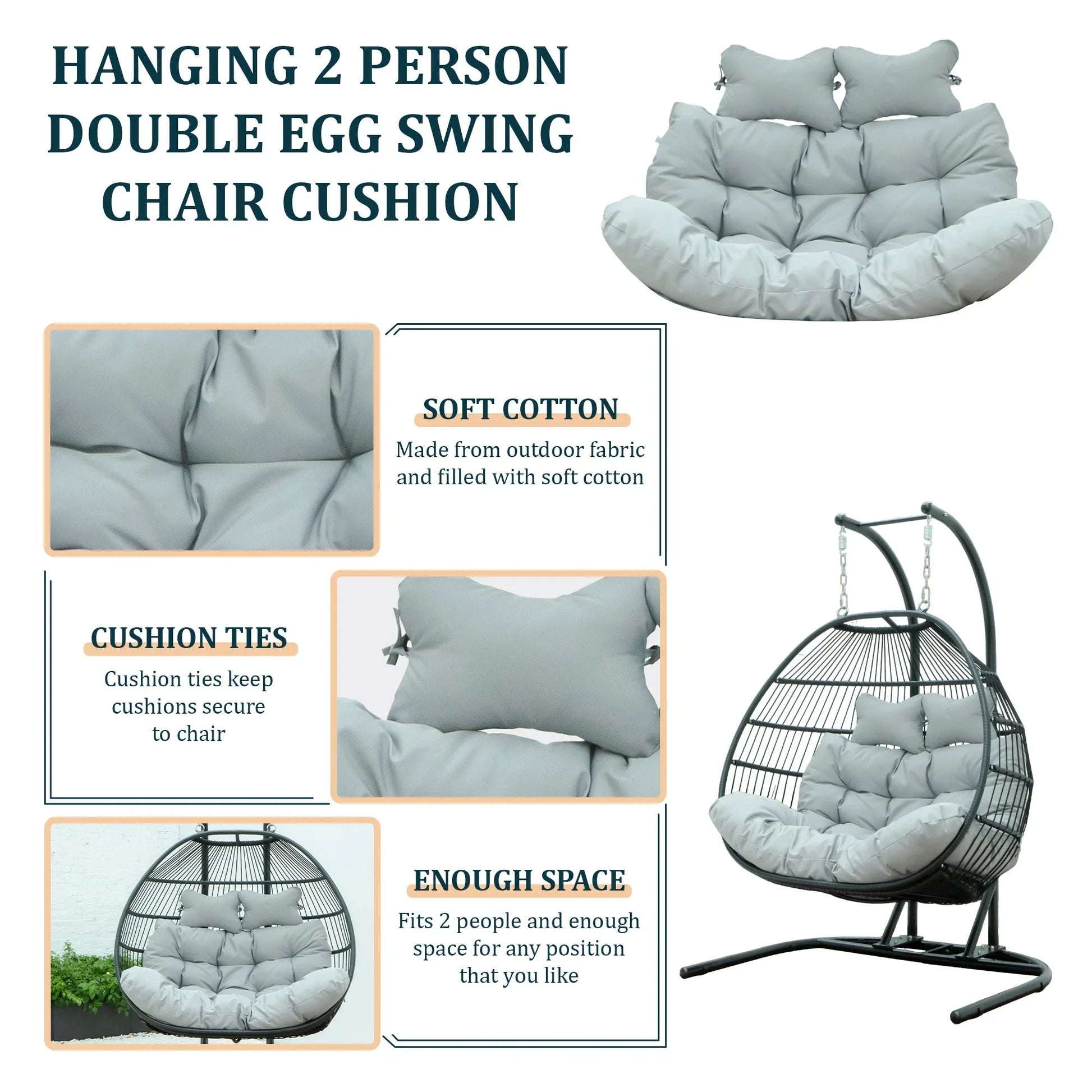 Modern Upholstered 2 Person Hanging Egg Swing Cushion with Headrest - Elax Furniture