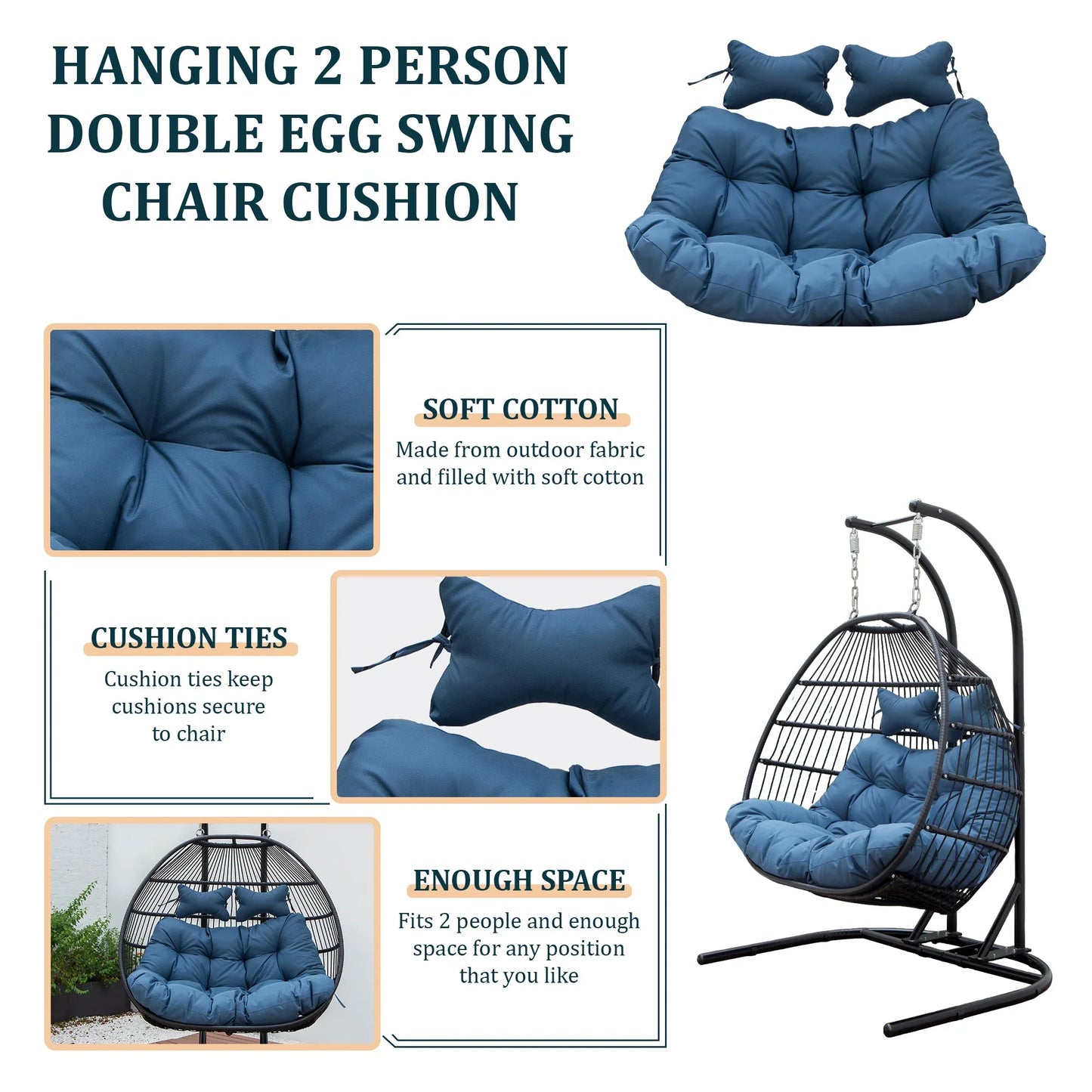 Modern Upholstered 2 Person Hanging Egg Swing Cushion with Headrest - Elax Furniture