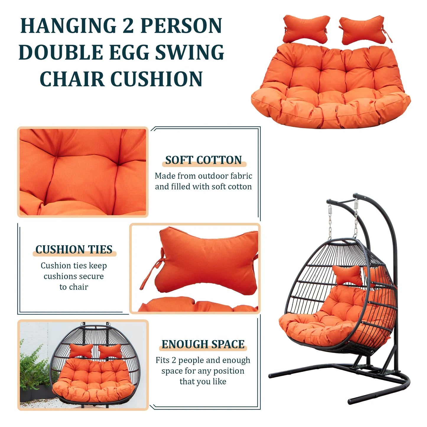 Modern Upholstered 2 Person Hanging Egg Swing Cushion with Headrest - Elax Furniture