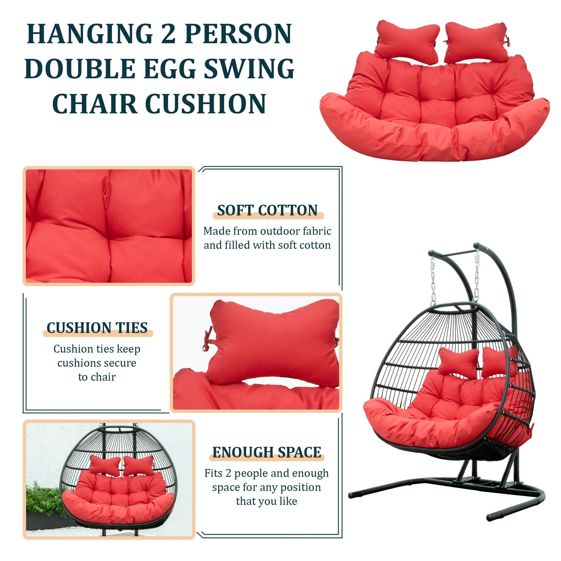 Modern Upholstered 2 Person Hanging Egg Swing Cushion with Headrest - Elax Furniture