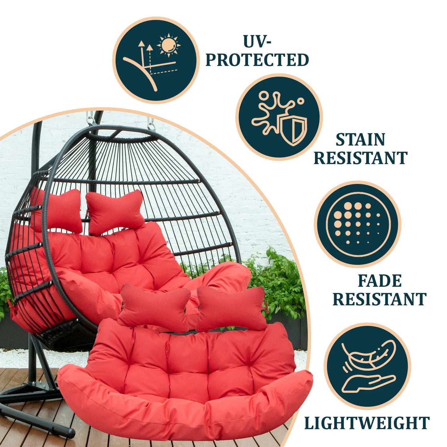 Modern Upholstered 2 Person Hanging Egg Swing Cushion with Headrest - Elax Furniture