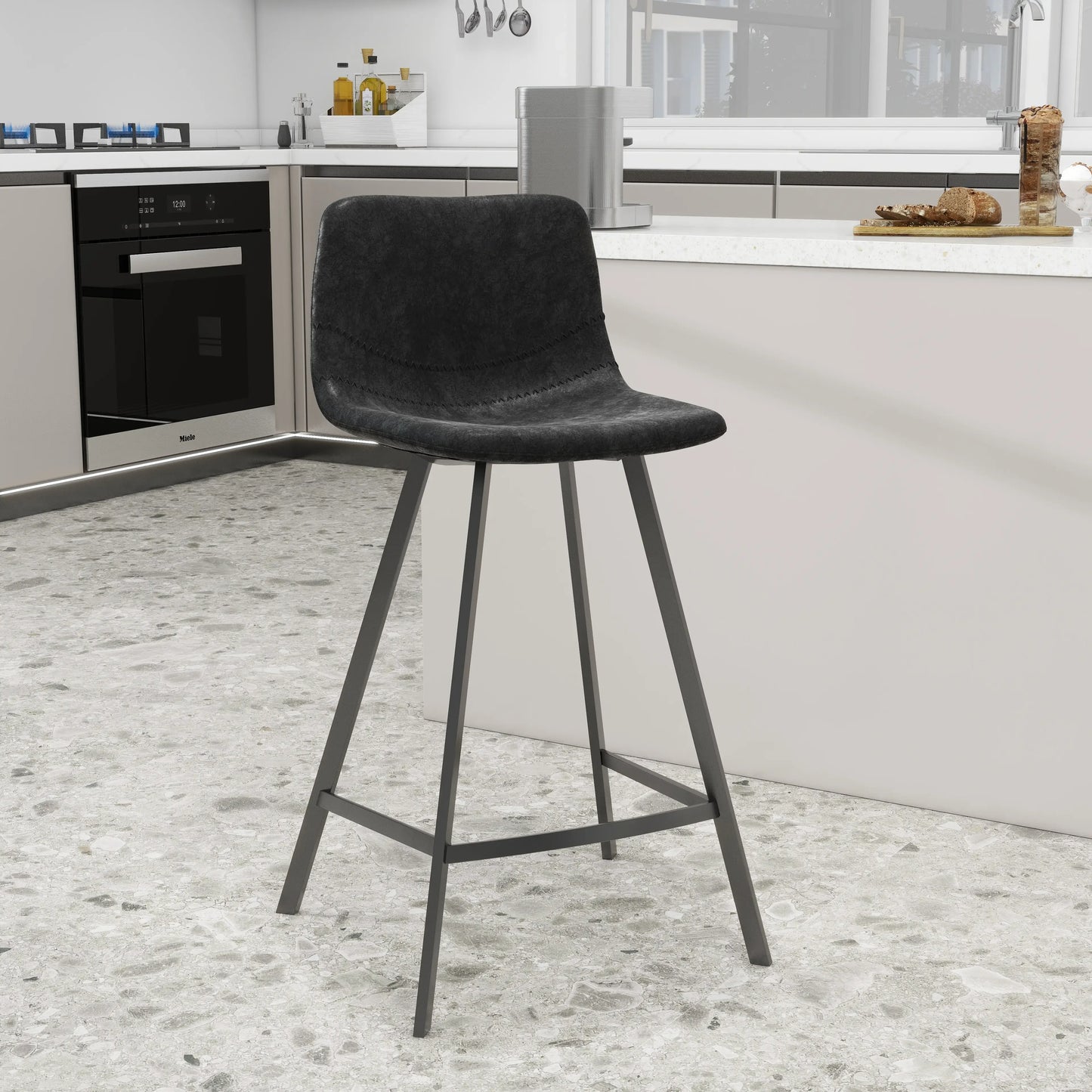 Elland Counter Stool in Leather Padded Seat in Black Stainless Steel Set of 2 - Elax Furniture