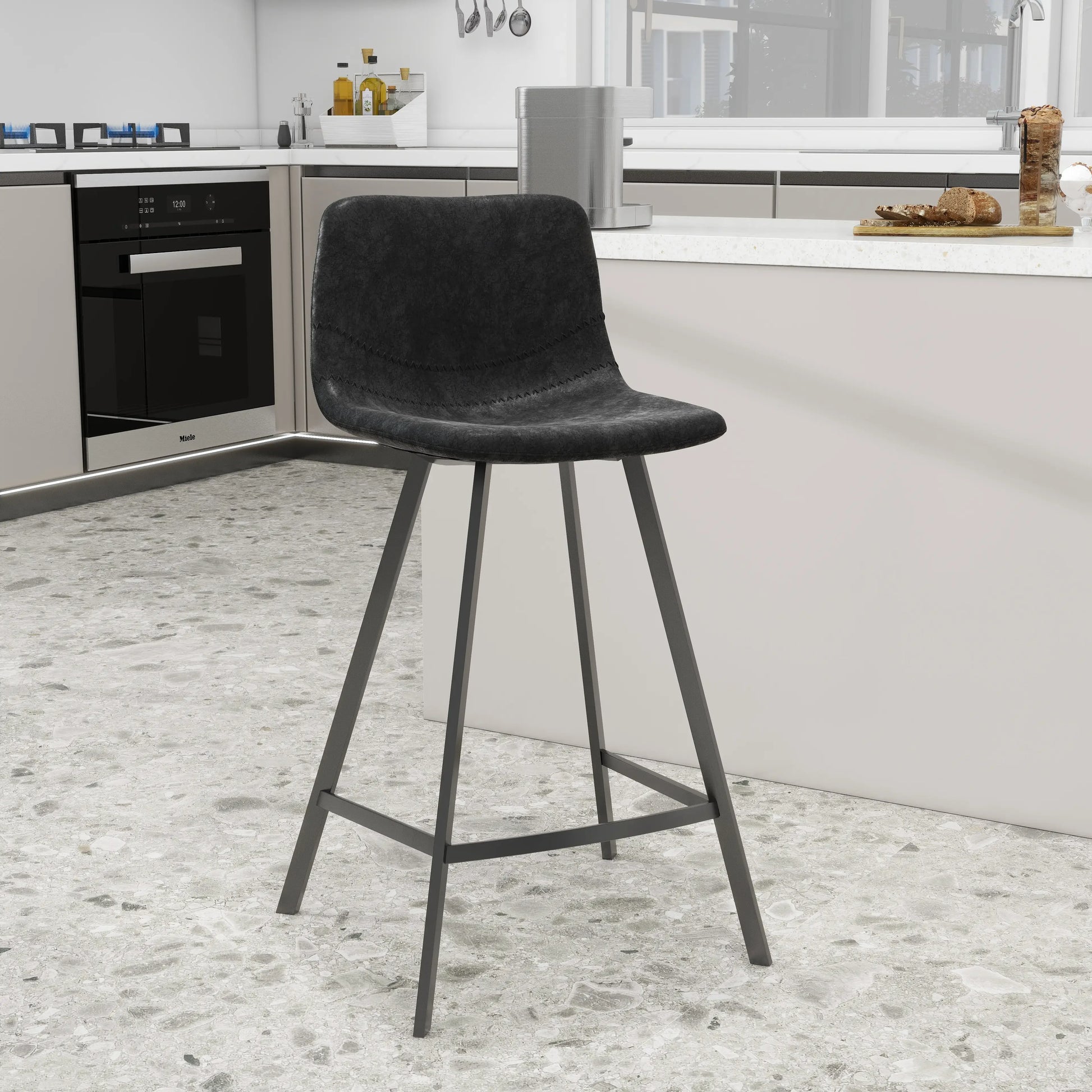 Elland Counter Stool in Leather Padded Seat in Black Stainless Steel Set of 2 - Elax Furniture