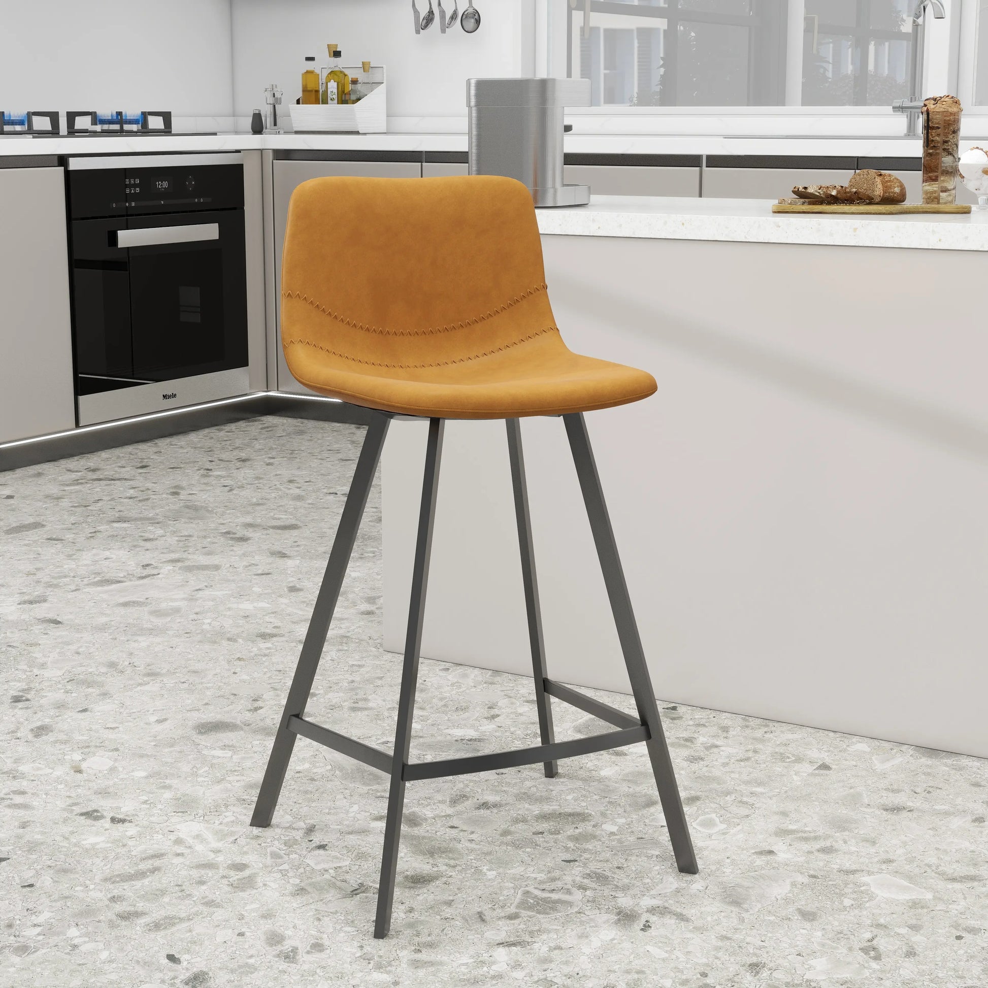 Elland Counter Stool in Leather Padded Seat in Black Stainless Steel Set of 2 - Elax Furniture