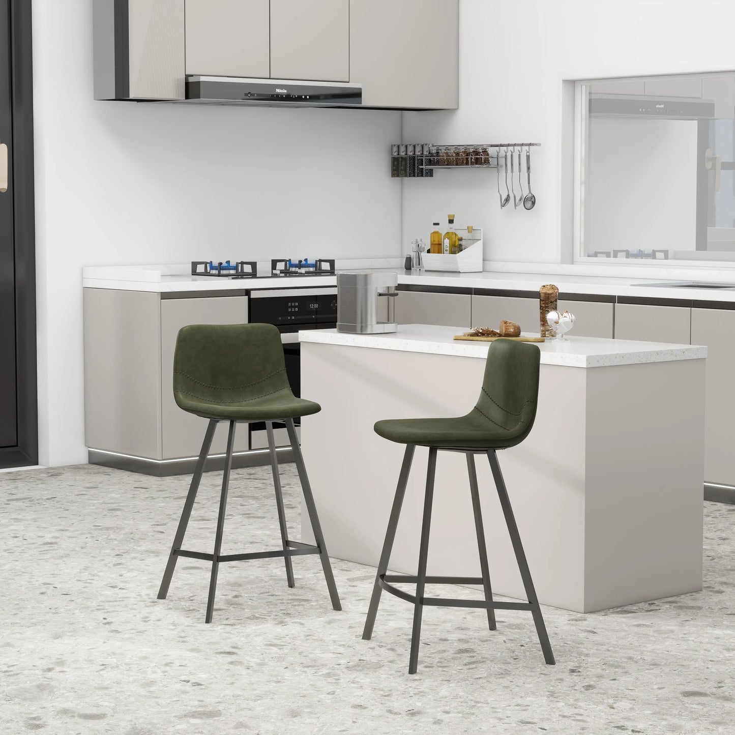 Elland Counter Stool in Leather Padded Seat in Black Stainless Steel Set of 2 - Elax Furniture