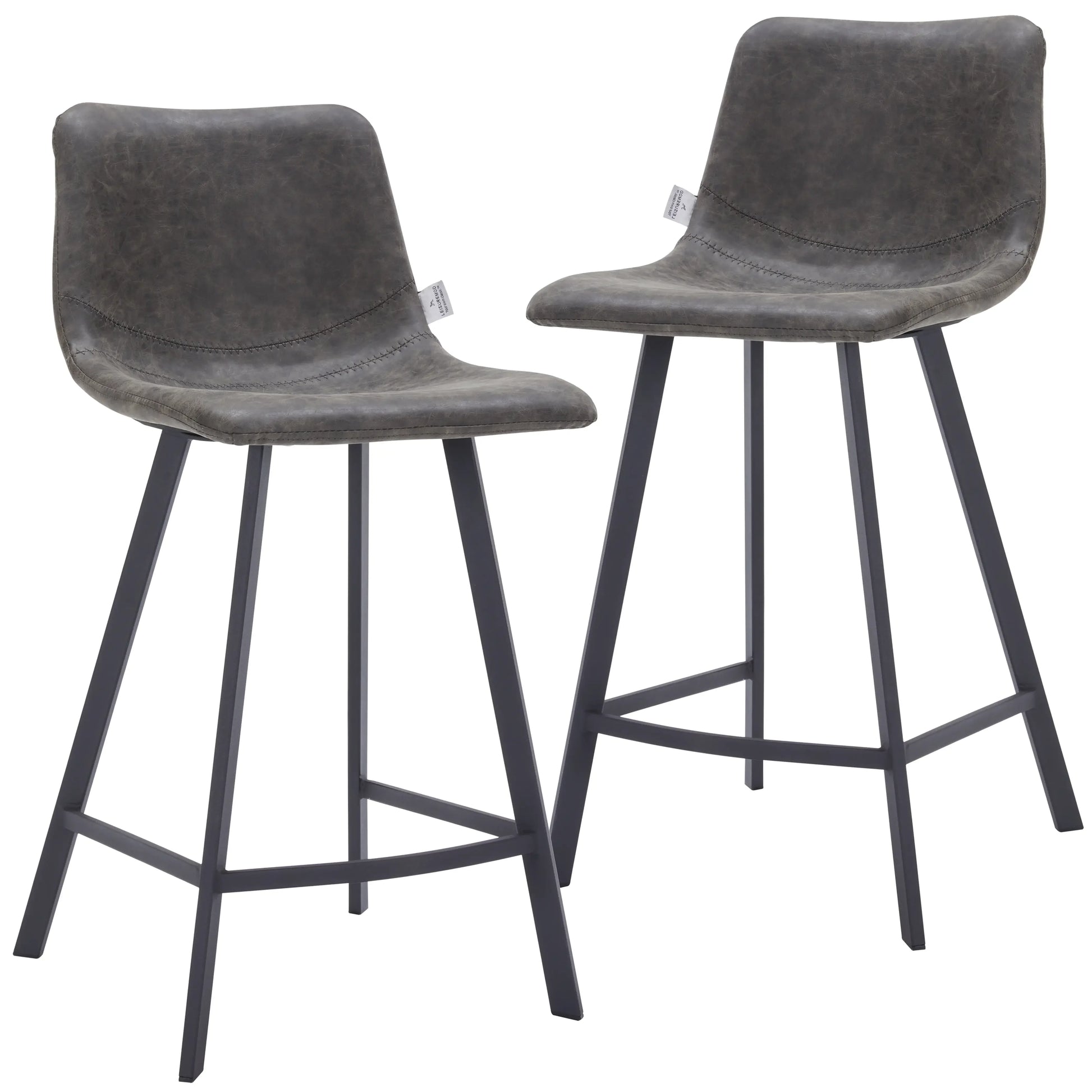 Elland Counter Stool in Leather Padded Seat in Black Stainless Steel Set of 2 - Elax Furniture